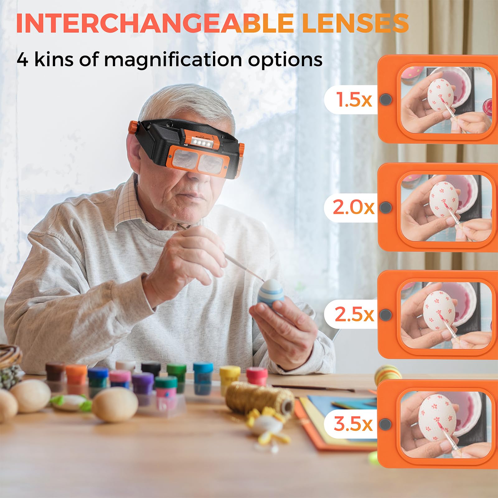 Rechargeable Headband Magnifier with LED Light - 1.5X to 3.5X Magnifying Glasses for Jewelry Making, Reading & Crafts - Hands-Free Magnifying Visor with 4 Interchangeable Lenses - Perfect for Watch Repair, Model Building & Detailed Hobbies