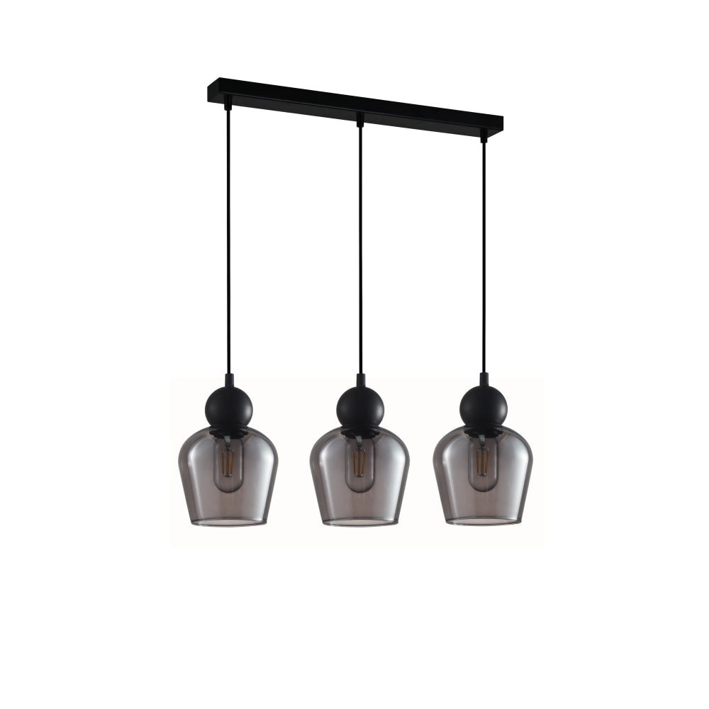 CHAMPAN Modern Pendant Lamp - 3X72W Black Smoke Glass Ellipse Chandelier with Square Base for Dining Room, Kitchen Island & Living Room Lighting