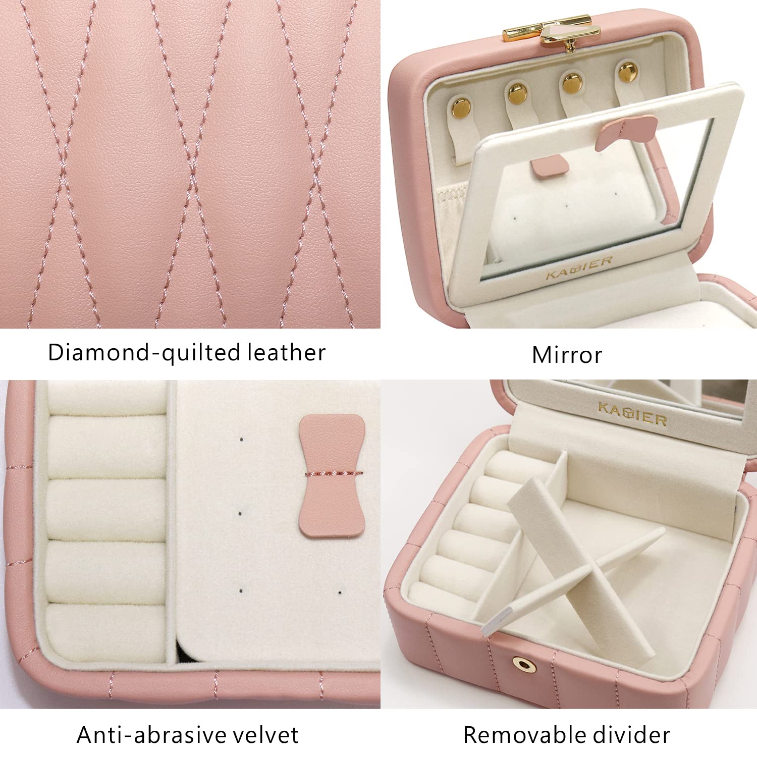 KAMIER Pink Diamond Quilted Leather Travel Jewelry Box Organizer for Women - Portable Jewelry Case with Mirror - Perfect for Vacation, Business Trips & Daily Use