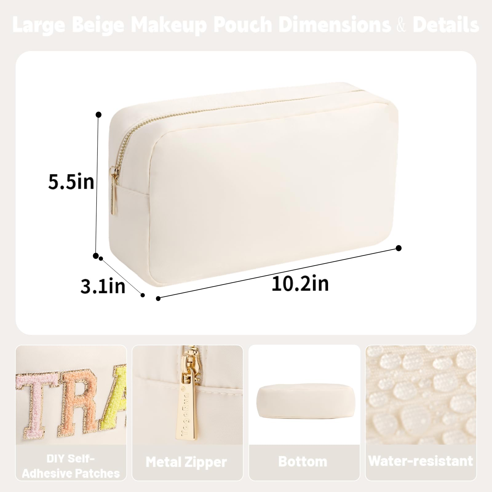 Large Beige Makeup Bag for Women & Men - Travel Cosmetic Pouch Organizer with Multiple Compartments | Perfect for Vacation, Gym, Work & Daily Essentials
