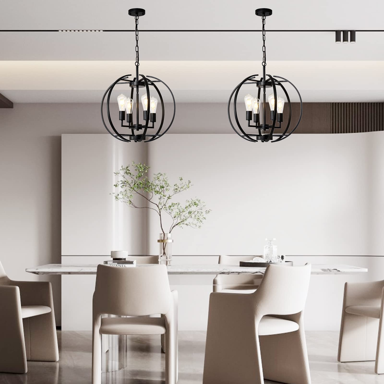 Large Black Farmhouse Chandelier - Adjustable 4-Light Pendant Lighting Fixture for Kitchen, Dining Room, Living Room & Hallway | Rustic Globe Lantern Ceiling Light for Home Decor & Cozy Ambiance