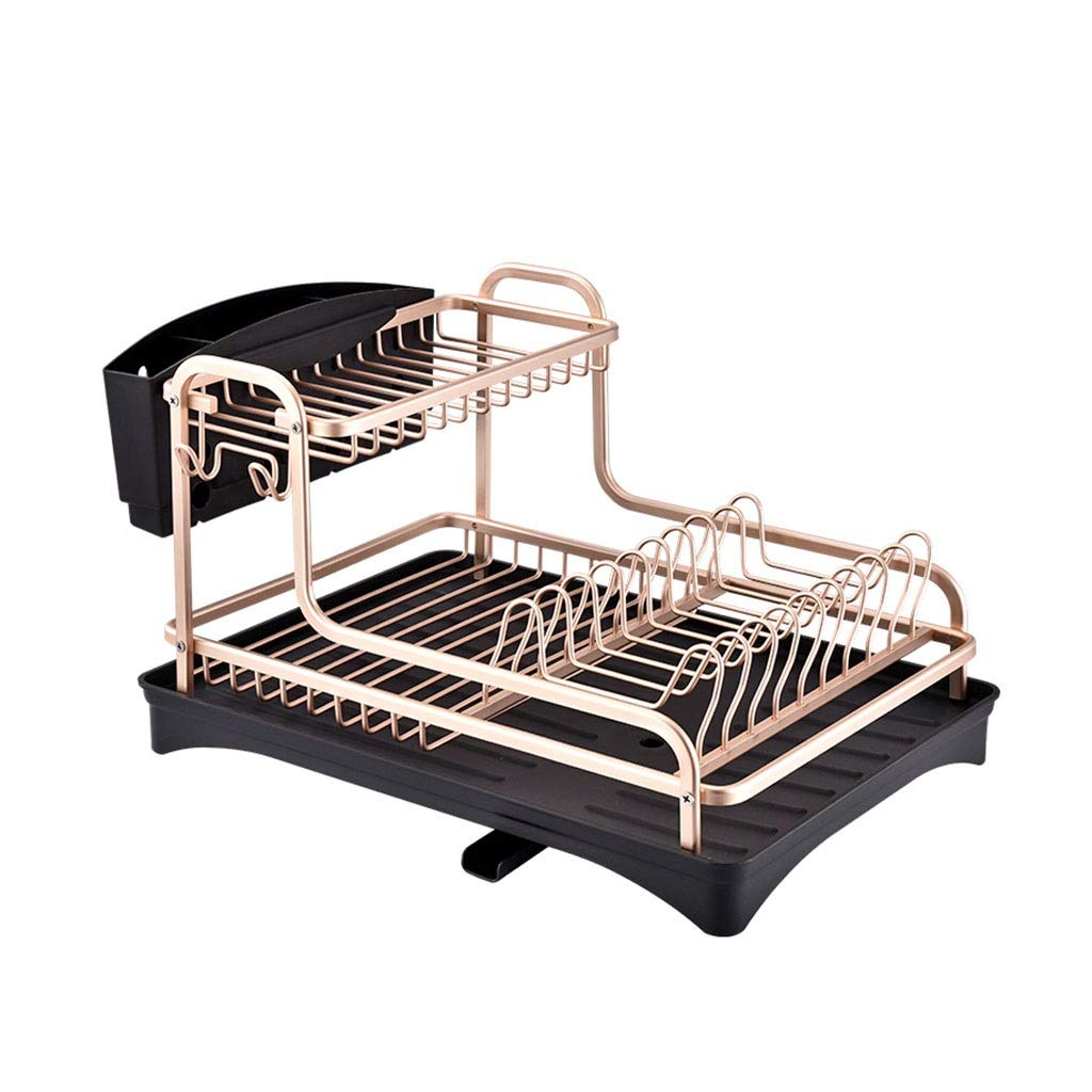 2-Tier Aluminum Dish Drying Rack with Cutlery Holder & Removable Drain Tray - Rose Gold (16.5x11.8x9.8 inches) - Space Saving Kitchen Organizer for Countertop, Sink & Small Apartments