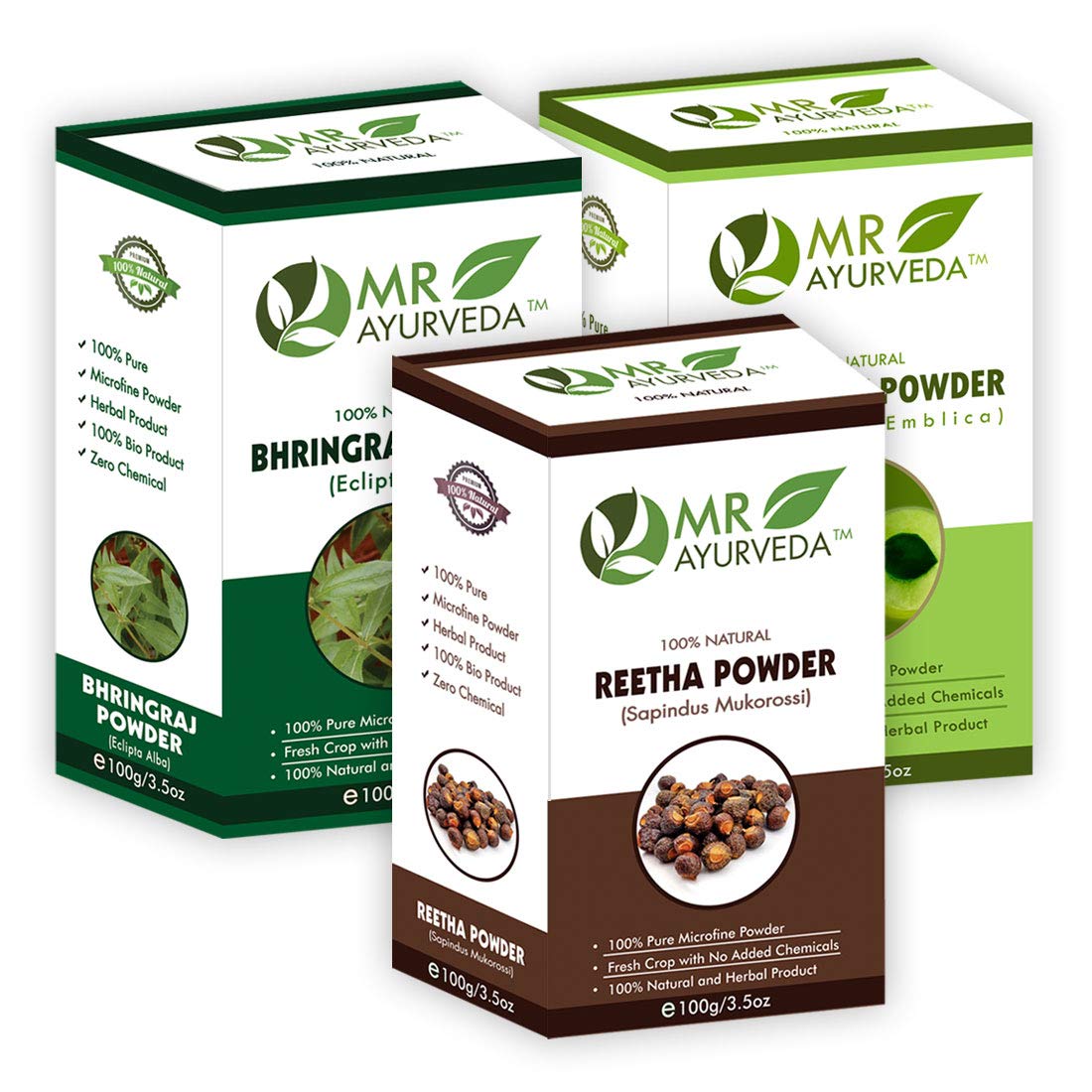 MR Ayurveda 100% Organic Bhringraj Powder, Reetha Powder & Amla Powder - 3-Pack (100g Each) for Hair Growth, Scalp Care & Natural Hair Treatment - Perfect for DIY Hair Masks & Ayurvedic Remedies