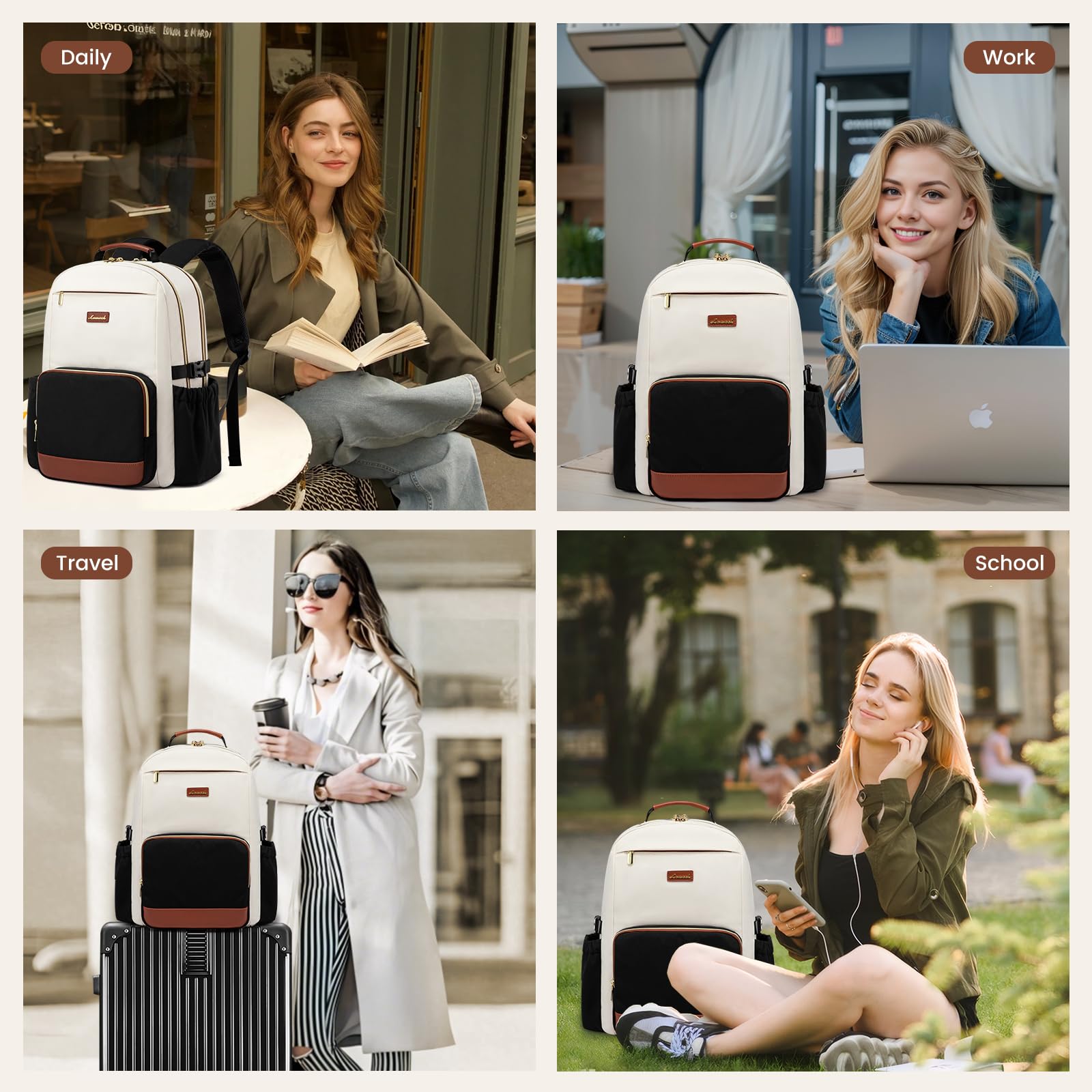 LOVEVOOK Women's 17 Inch Laptop Backpack - Large Capacity Waterproof Travel Computer Bag with Pouch Pocket for Cup - Business Work Backpack for College, Teacher & Office Use - Beige, Black & Brown Color Options