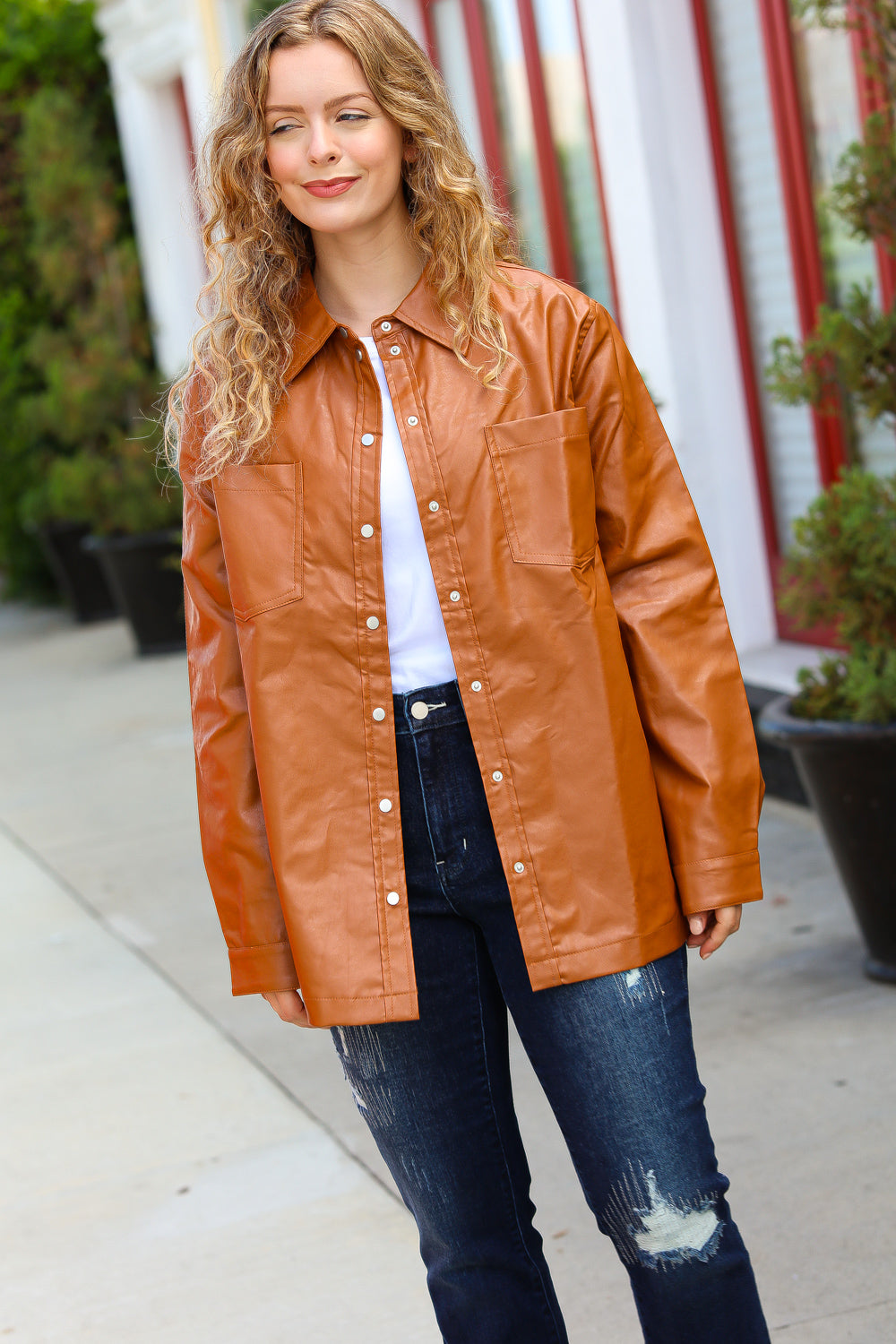 Rust Vegan Leather Snap Button Shacket - Eco-Friendly & Stylish Jacket for Men & Women | Perfect for Fall & Winter Outfits
