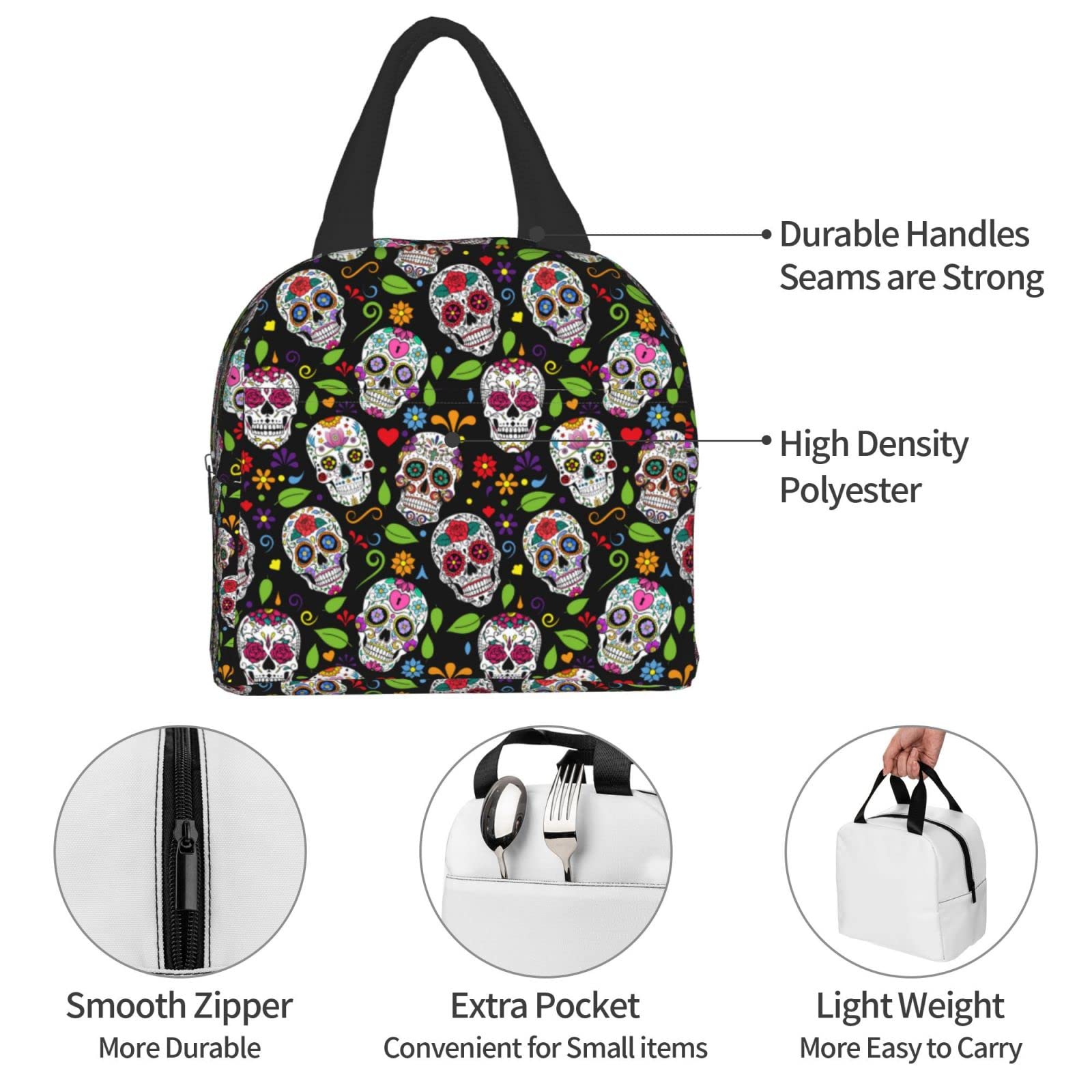 Insulated Reusable Lunch Bag for Women & Men - Washable Cooler Tote for Office, Work, Picnic & Beach | Sugar Skull Design