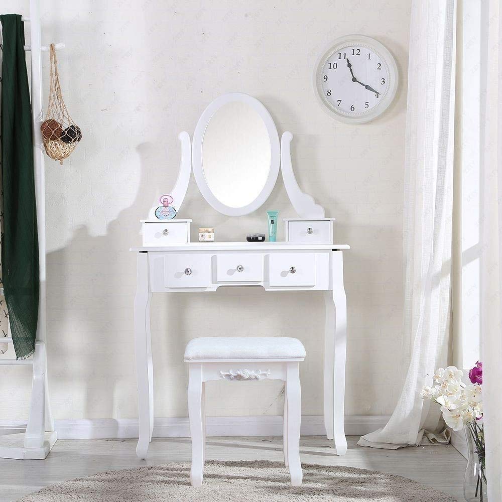 XIEJING 360° Rotating Vanity Mirror Dressing Table with 5 Drawers - White Makeup Dresser with Mirror for Bedroom, Bathroom & Beauty Salon
