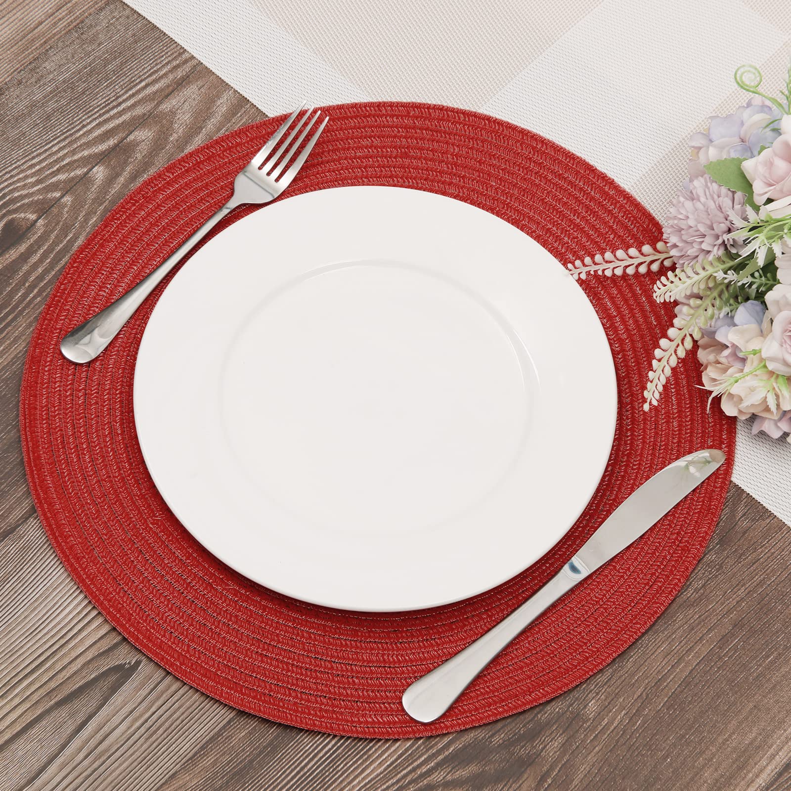 SHACOS 15 Inch Round Braided Placemats Set of 4 - Washable & Durable Table Mats for Kitchen, Dining, Home Decor - Perfect for Wedding, Party, Holiday Dinner (Red) - Ideal for Indoor & Outdoor Entertaining