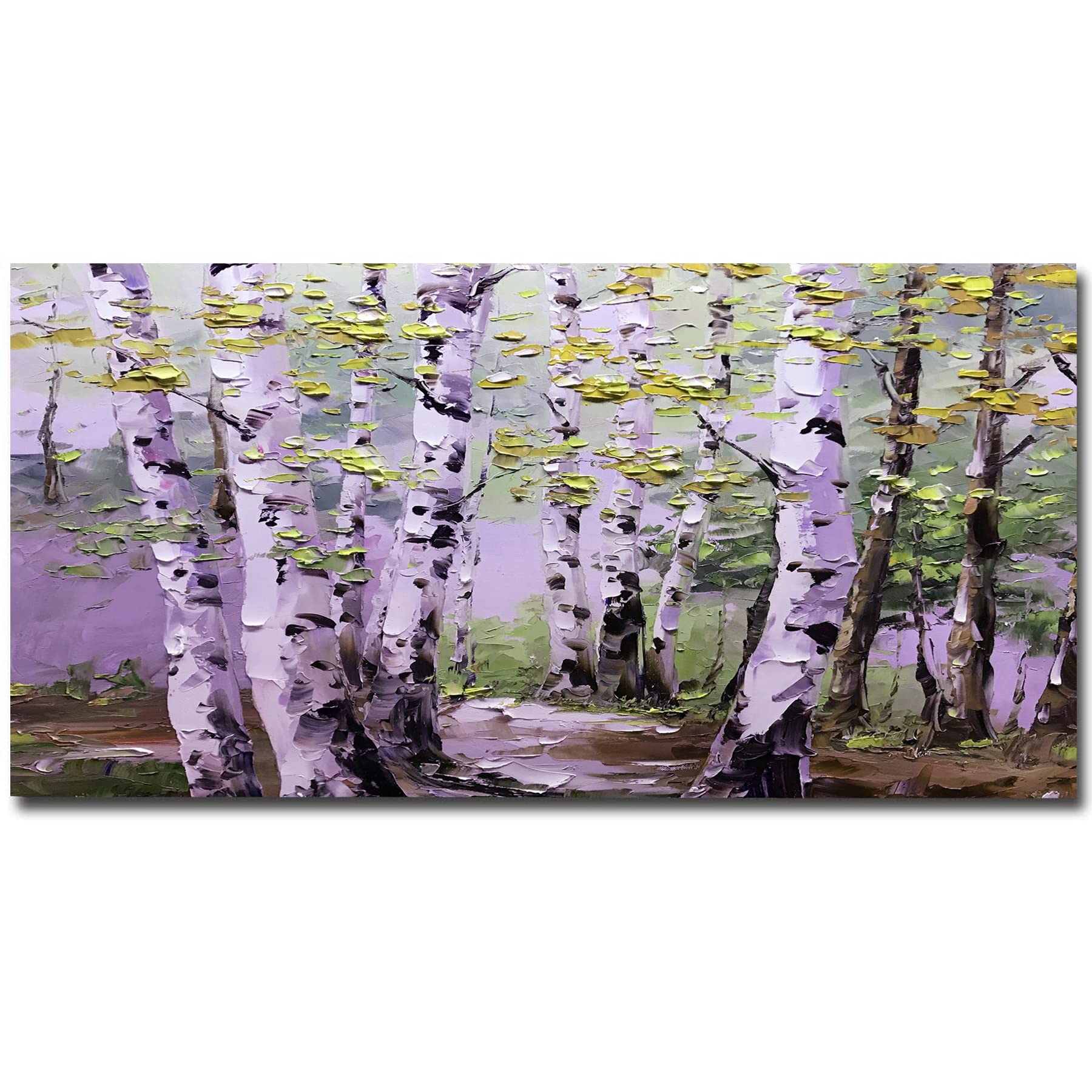 Original Hand-Painted Green Birch Forest Landscape Oil Painting on Canvas - Large Textured Tree Artwork (64x32 Inches Unframed) - Perfect for Boho Home Decor, Christmas Wall Art & Nature-Inspired Living Room Decor