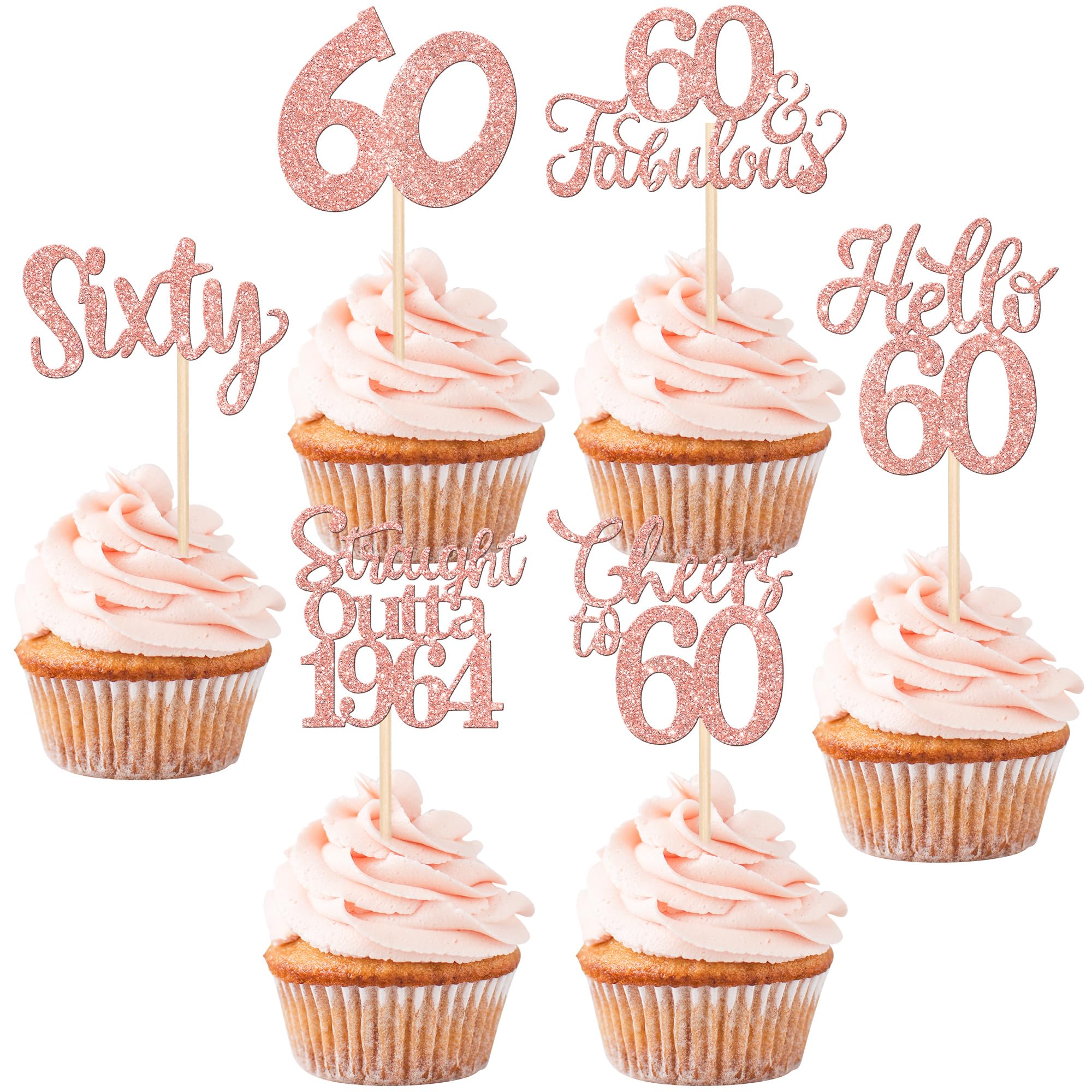Rsstarxi 36 Pack 60th Birthday Cupcake Toppers - Straight Outta 1964 Vintage Theme, Rose Gold Cake Decorations for 60th Birthday Parties, Anniversaries & Milestone Celebrations | Perfect for Wedding, Retirement & Special Occasion Desserts