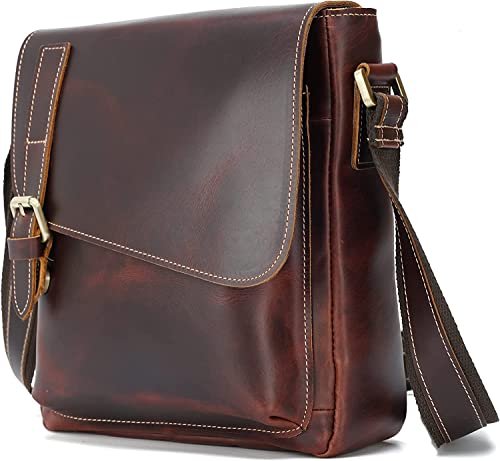 Genuine Leather Messenger Bag for Men - Retro Small Crossbody Shoulder Bag with Flap, Fits 10 Inch Tablet (Brown) - Perfect for Work, Travel & Everyday Use