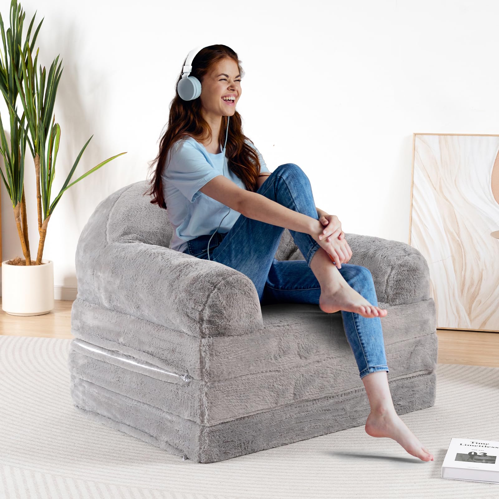 MAXYOYO Convertible Bean Bag Chair to Sofa Bed for Adults - Foldable Floor Mattress & Sleeper, Grey - Perfect for Living Room, Bedroom, Dorm & Small Spaces