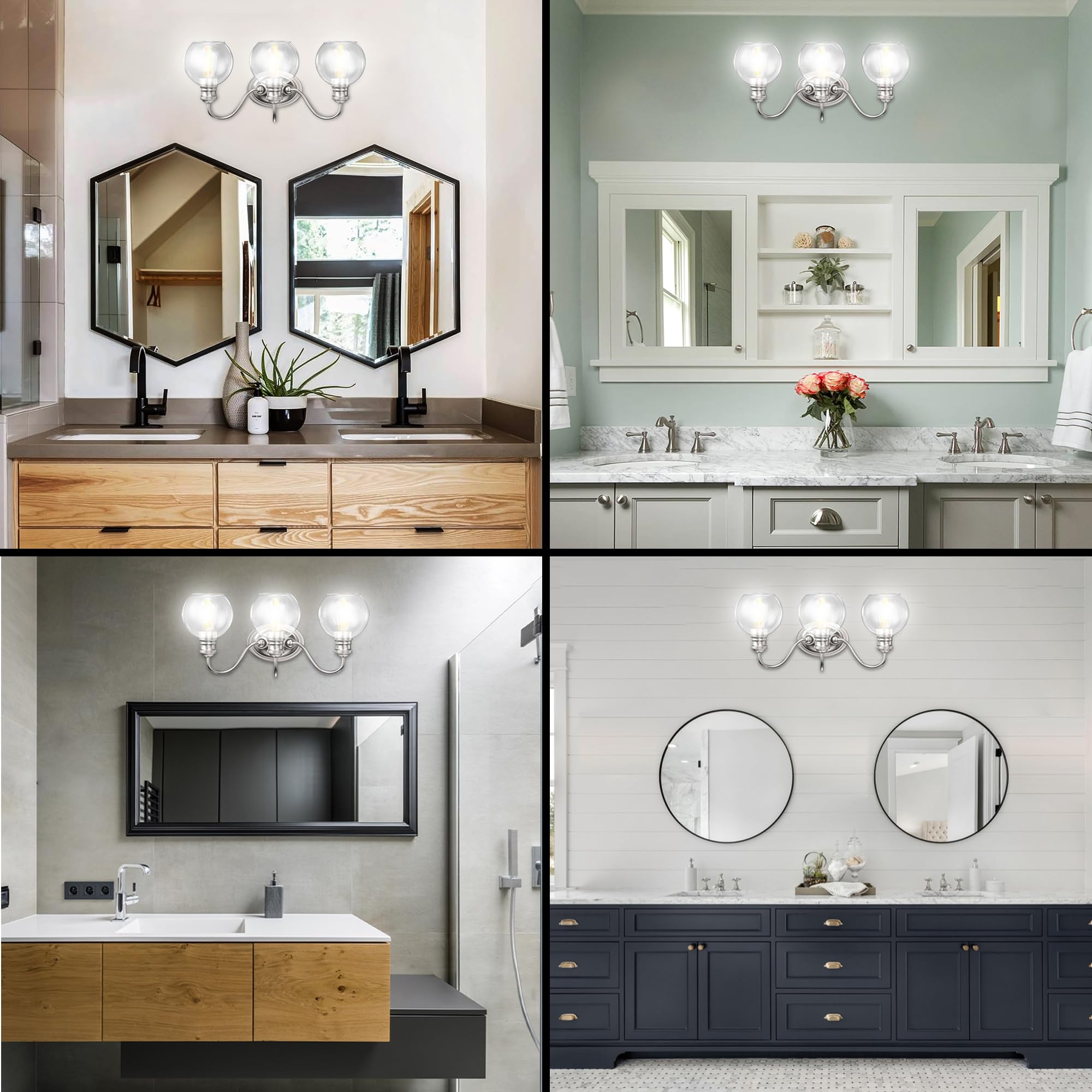 Modern LED Bathroom Vanity Light - 3-Light Brushed Nickel Wall Sconce for Bedroom & Hallway - Clear Glass Shade, E26 Base (Bulb Not Included) - Perfect for Mirror Lighting & Indoor Decor