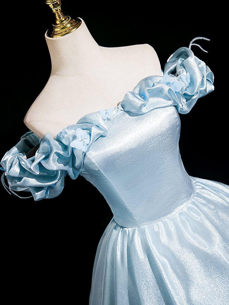 Elegant Off Shoulder A-Line Satin Long Prom Dress in Blue - Perfect for Formal Dances, Evening Galas & Special Occasions