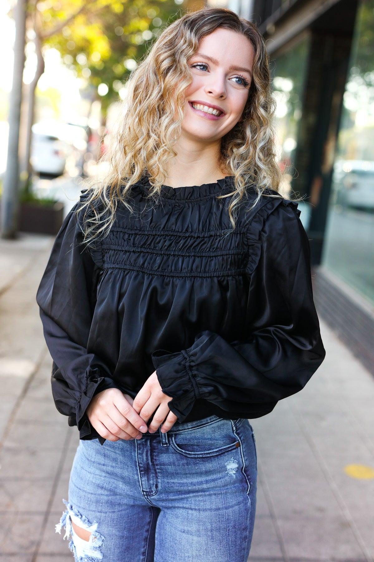 Black Satin Shirred Yoke Frilled Mock Neck Top for Women - Elegant Party & Evening Wear