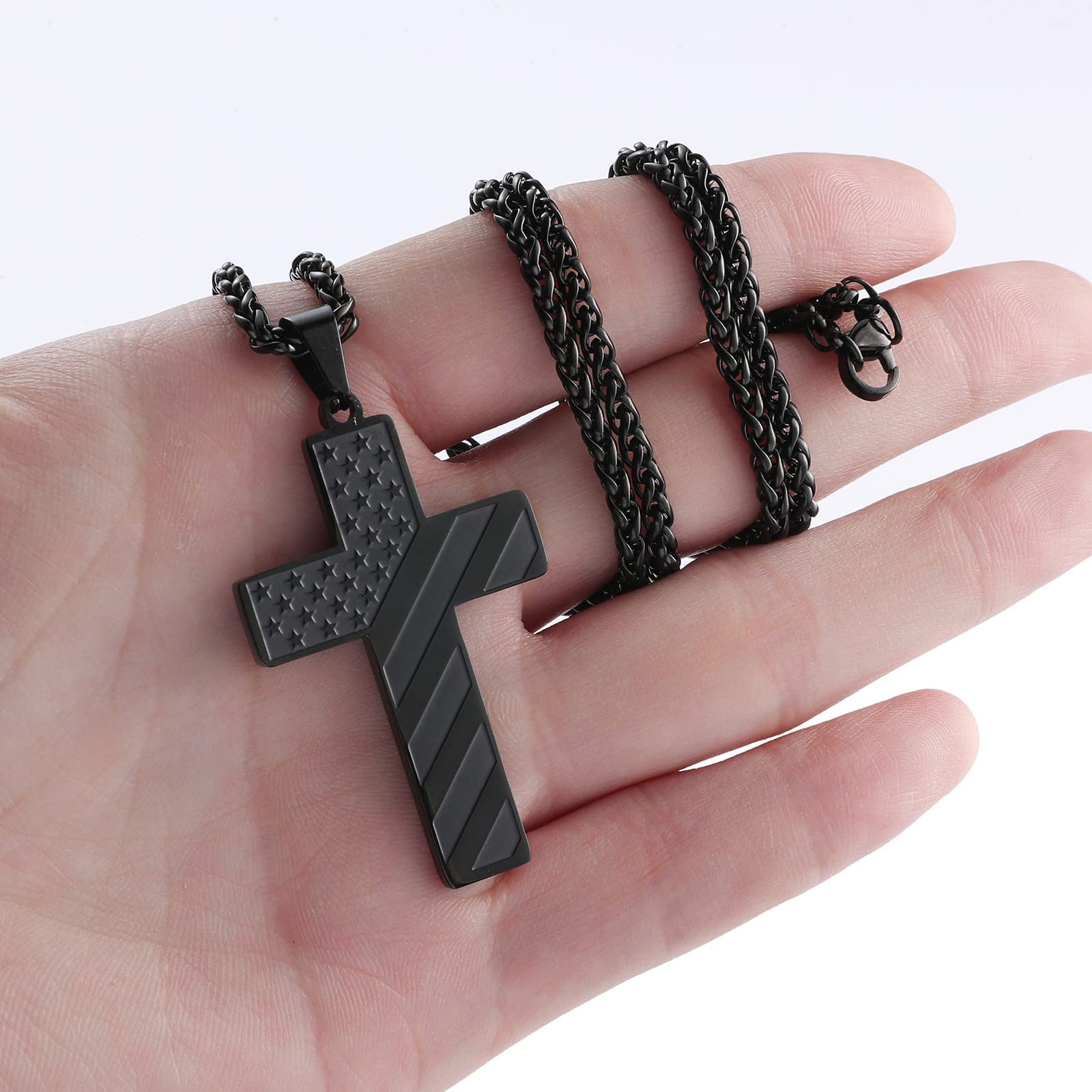 18+2 Inch Stainless Steel Cross Necklace with Bible Verse & American Flag Pendant - Religious Jewelry Gift for Men, Boys & Teens | Perfect for Easter, Graduation & Daily Wear