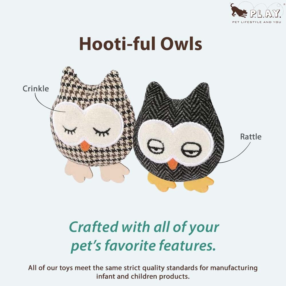 P.L.A.Y. Cute Cat Toys - Feline Frenzy Animal Critter Themed Catnip Filled Toy for Adult Cats & Kittens - Machine Washable, Eco-Friendly Recycled Materials with Crinkle & Rattle Sounds (Hooti-Ful Owl, 2-Pack) - Perfect for Playtime, Training & Indoor Entertainment