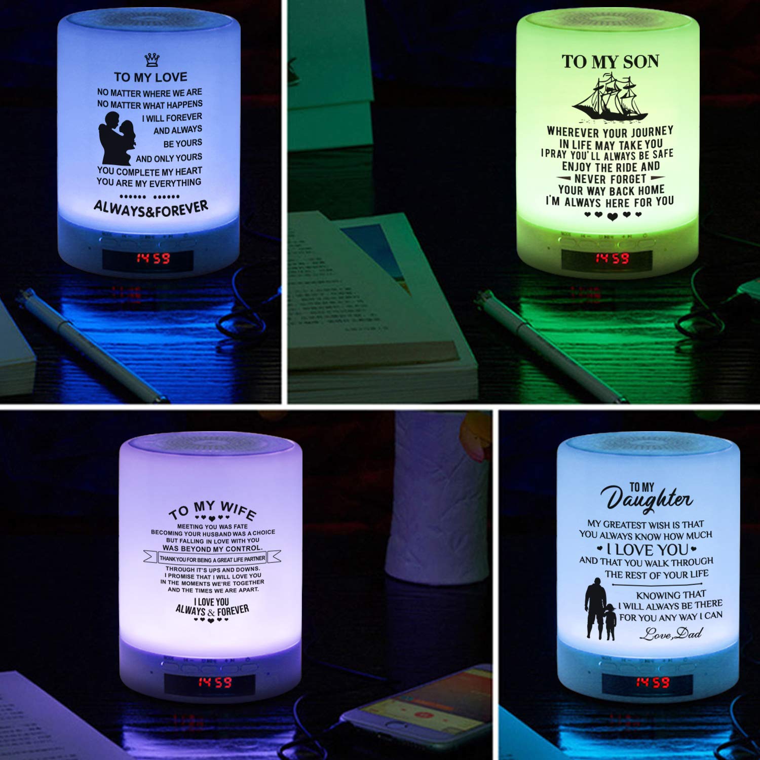 Personalized Engraved Touch Table Lamp with Bluetooth Speaker - Perfect Bedside Night Light & Romantic Gift for Wife, Anniversary, Mother's Day - Ideal for Bedroom, Nursery, Office (A-for-Wife)