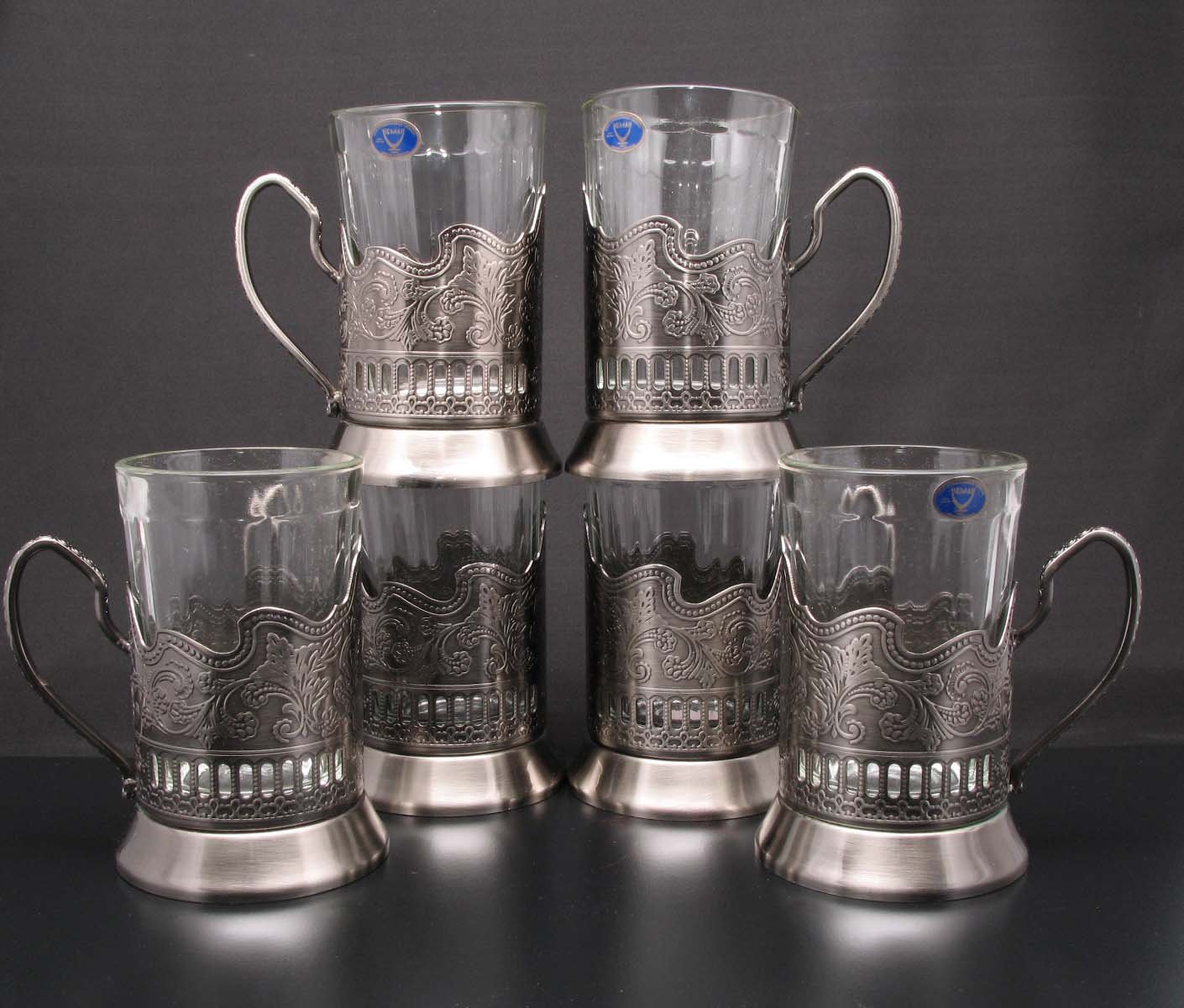 Vintage USSR Russian Tea Set - 6 Granyoniy Hot Tea Glasses with 6 Metal Holders (Podstakannik) - Traditional Belarusian Tea Accessories for Home, Office & Gift Giving