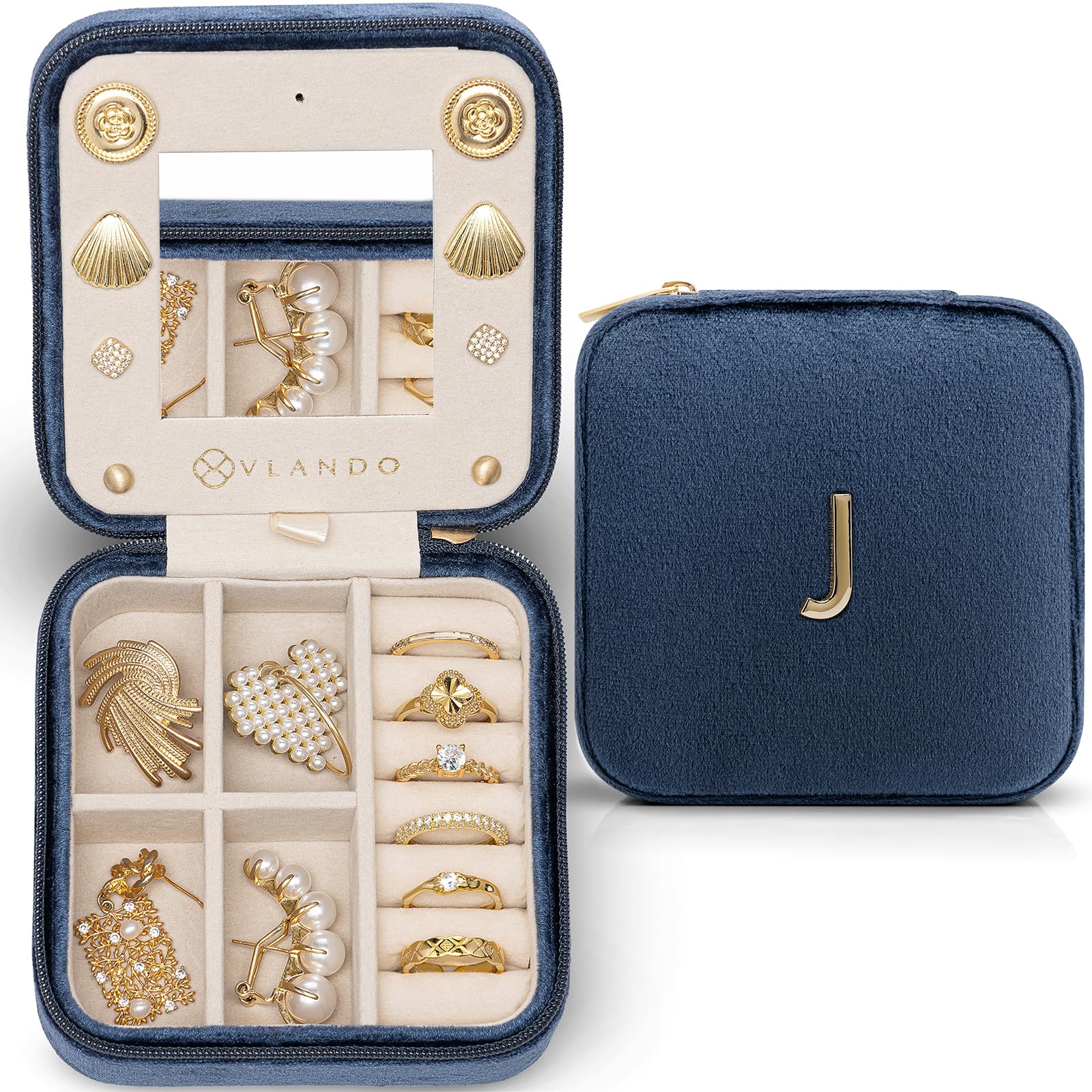 Personalized Initial Jewelry Box for Women - Engraved Letter J Dark Blue Travel Jewelry Case | Birthday Gifts for Best Friends, Friendship Gifts for Her | Perfect for Travel, Bridesmaid Proposal & Special Occasions