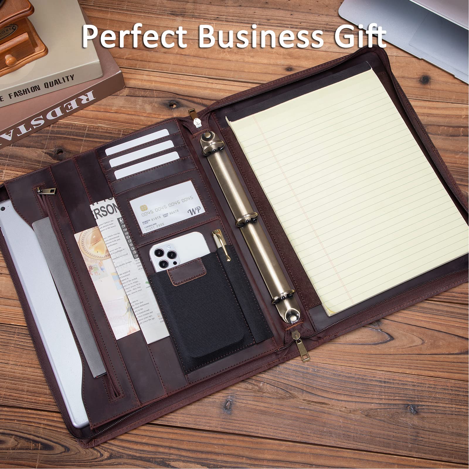 Premium Personalized Genuine Leather Portfolio with 3-Ring Binder | Full Grain Leather Zippered Padfolio | Custom A4 Notebook Holder & Professional Organizer | Executive Gift for Men & Women (Dark Brown) | Perfect for Business Meetings, Office Use & Corporate Gifts