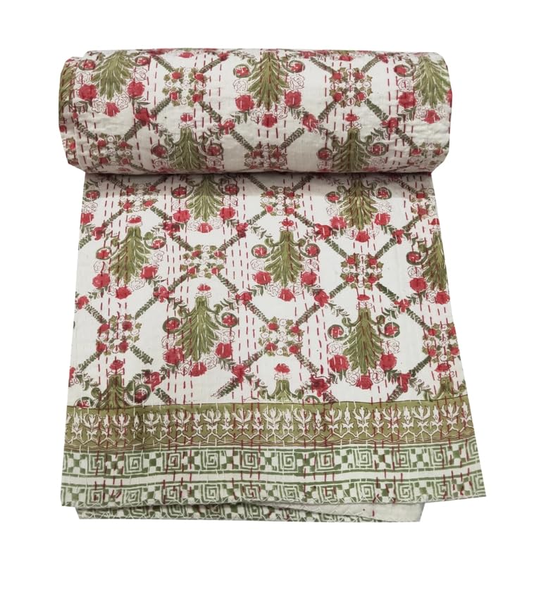 Handmade Indian Kantha Quilt - 100% Cotton Super Soft Queen Size Bedspread, Throw Blanket & Bed Cover (White, 90x60 Inches) - Perfect for Cozy Bedroom Decor, Guest Room Essentials & Boho Chic Home Styling