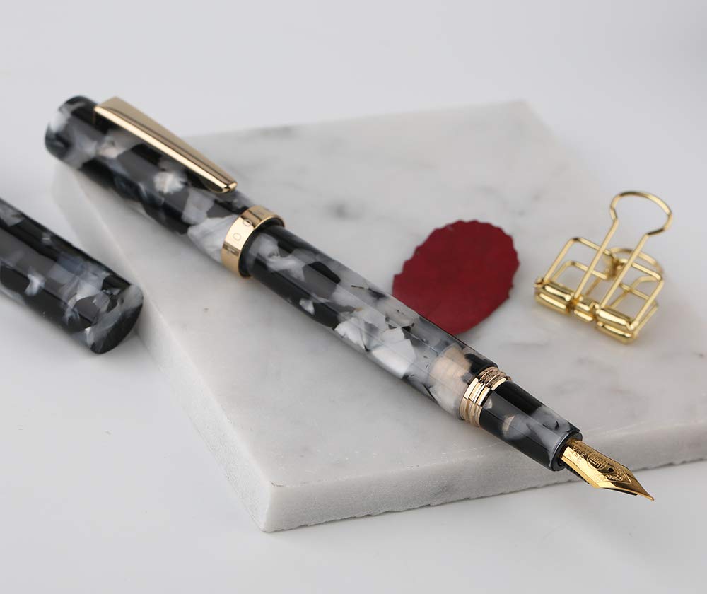 Majohn N2 Acrylic Fountain Pen with Fine Nib - Premium Black Celluloid Mini Travel Pocket Pen Gift Set with Box | Perfect for Journaling, Note Taking & Business Professionals