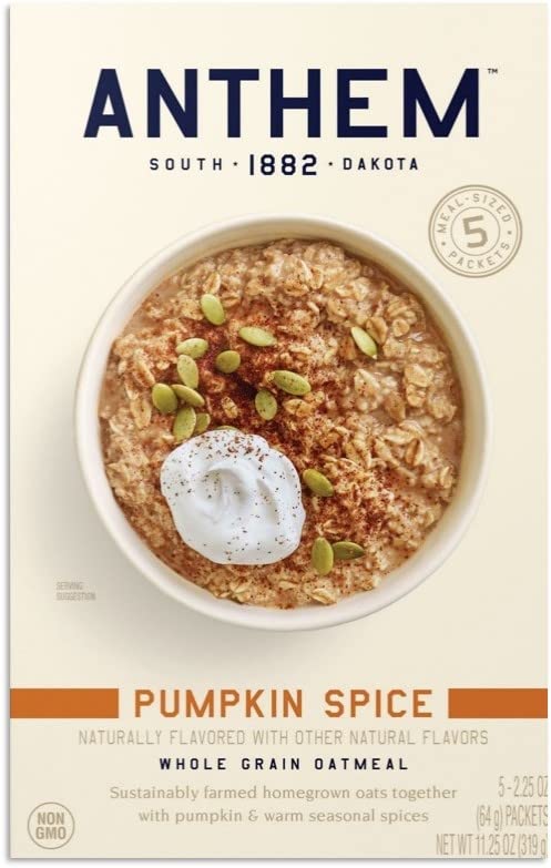 Anthem Pumpkin Spice Instant Oatmeal - Whole Grain Oats with Real Pumpkin Powder - Quick & Easy Breakfast Oatmeal - 11.25 Oz Pack - Perfect for Busy Mornings, Office Snacks & Healthy On-the-Go Meals
