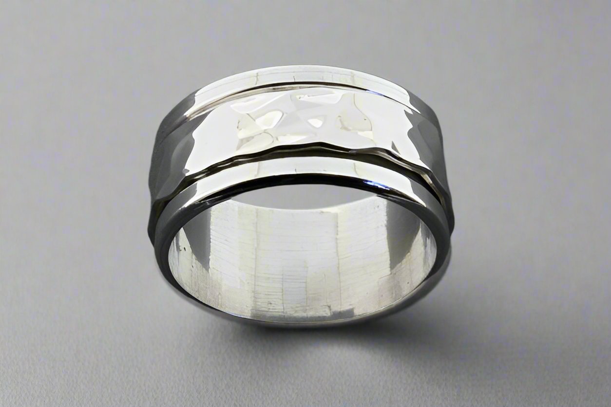 Hammered Spinner Ring for Anxiety Relief - Sterling Silver 925 for Men & Women - Stress Relief Fidget Jewelry for Office, Travel & Meditation