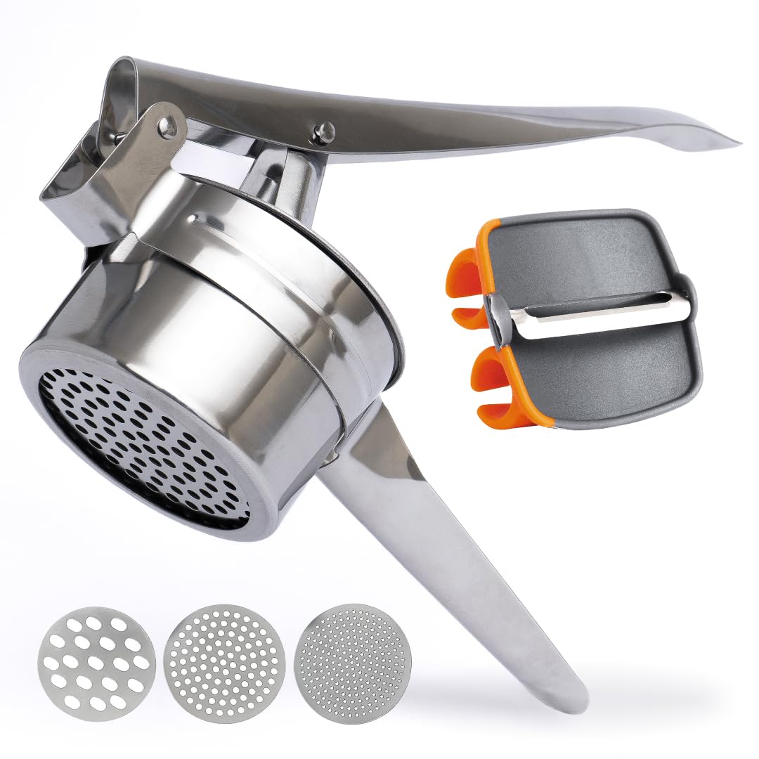 Premium Potato Ricer with Stainless Steel Peeler & 3 Interchangeable Discs - 15 oz Heavy Duty Potato Masher for Perfect Mashed Potatoes | Ideal for Home Kitchens, Restaurants & Meal Prep | Durable Kitchen Gadget by Savver