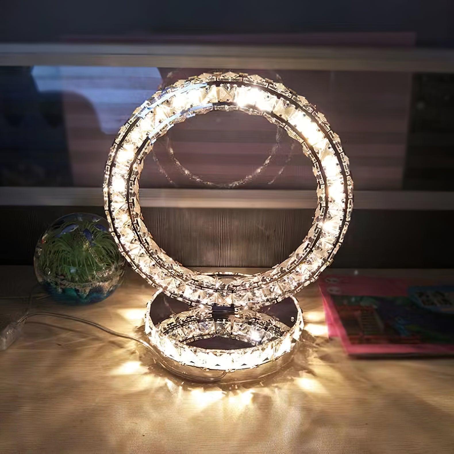 Elegant Crystal Rings Table Lamp - Modern LED Bedside Night Light for Bedroom, Living Room, and Office Decor