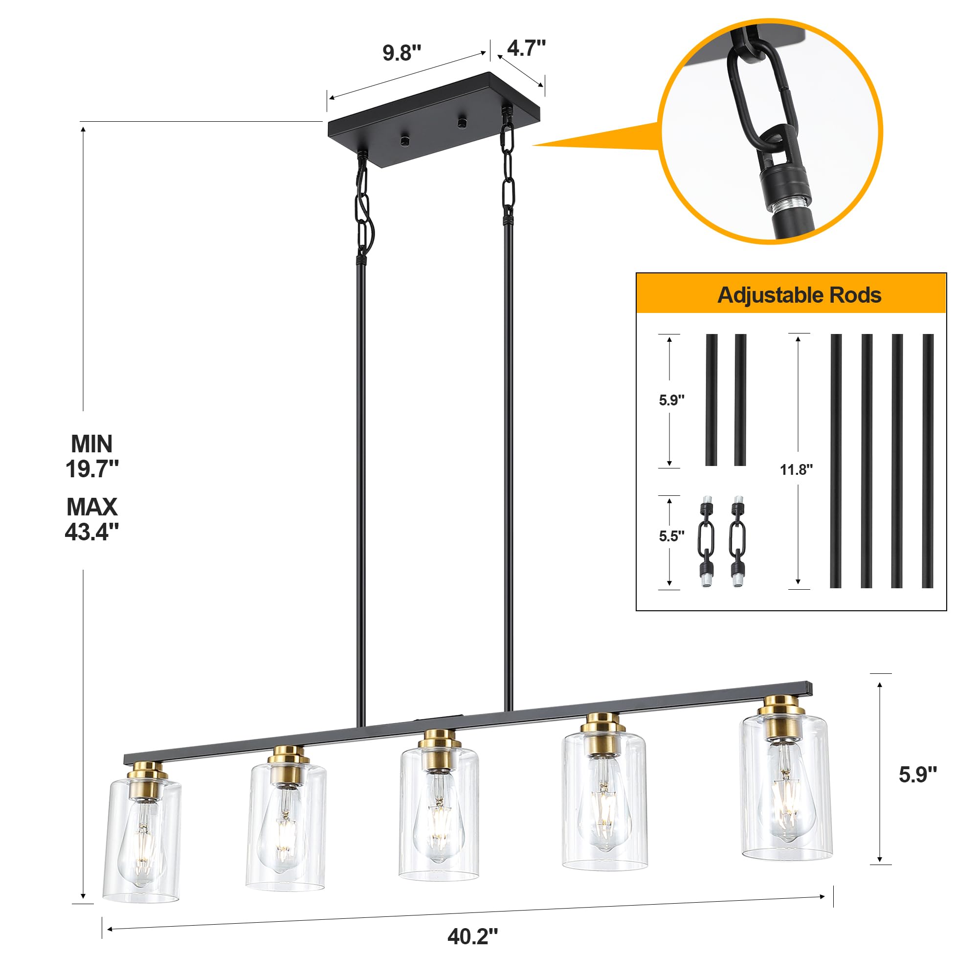 Black and Gold 5-Light Linear Chandelier - Modern Pendant Lighting for Kitchen Island, Dining Table & Living Room | Dimmable LED Fixture for Home Decor & Ambient Lighting