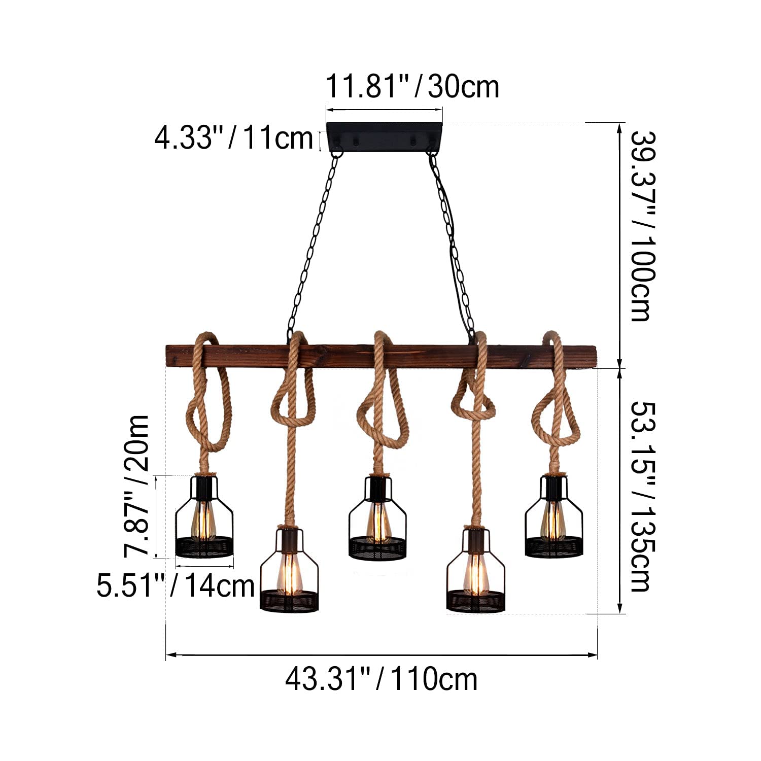 Farmhouse Pendant Lights for Kitchen Island - Rustic Dining Room Ceiling Fixture with 5 E26 Bulb Sockets - Black Metal & Wood Beam Chandelier - Perfect for Farmhouse, Industrial & Modern Kitchens