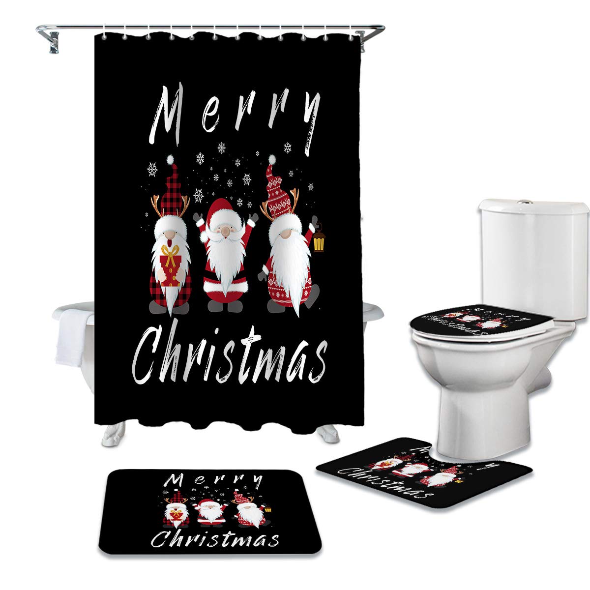 4PCS Non-Slip Christmas Gnome Bathroom Mat Set - Merry Christmas Decor with Shower Curtain, Toilet Seat Cover & Rugs for Holiday Bathroom Decorating - Perfect for Christmas Home, Guest Bathroom & Festive Gift Giving