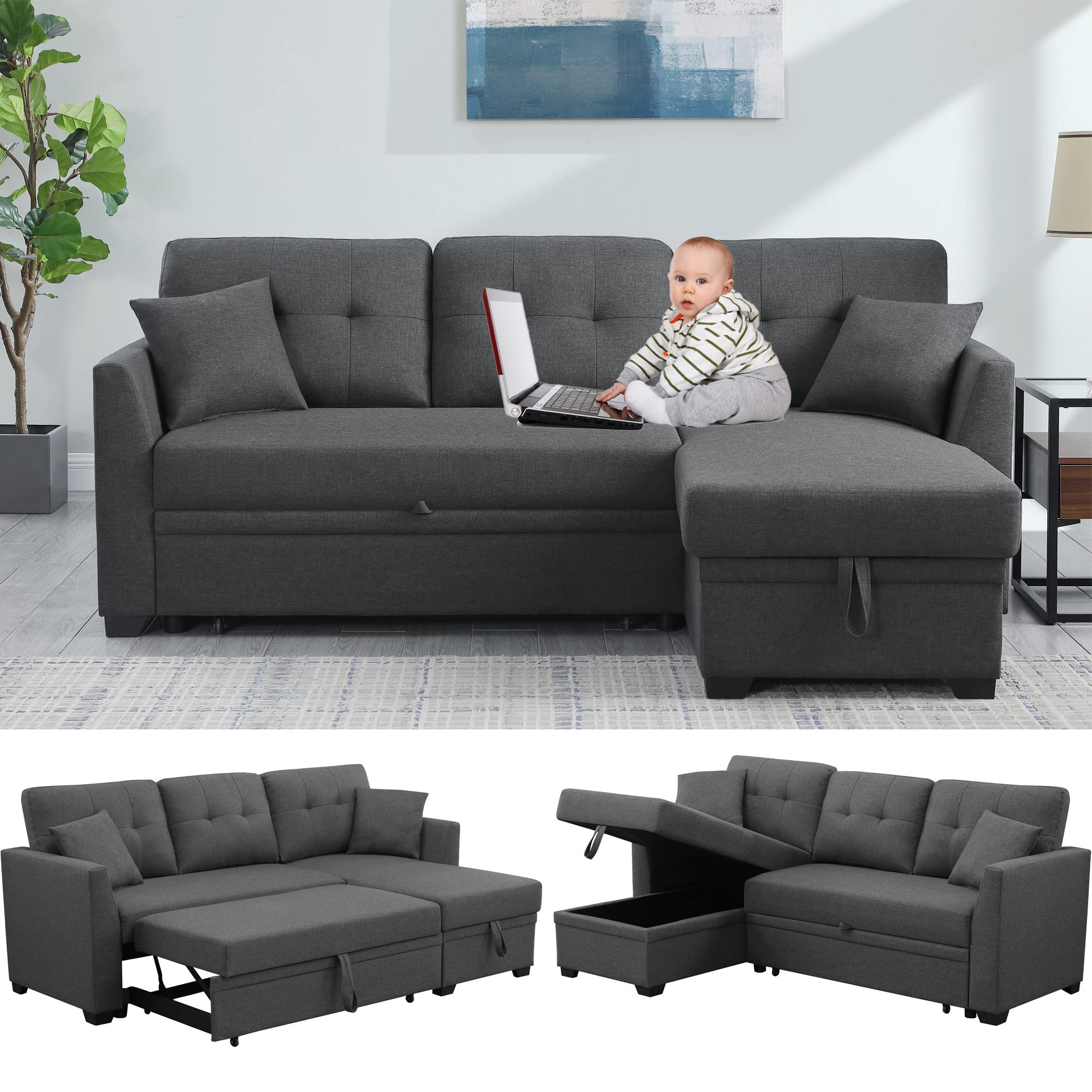 Modern L-Shaped Sectional Sofa Bed with Pull-Out Sleeper & Reversible Storage Chaise - Convertible 3-Seater Tufted Linen Upholstered Couch for Small Spaces - Perfect for Living Rooms, Home Offices & Apartments (Space-Saving Multi-Functional Furniture)
