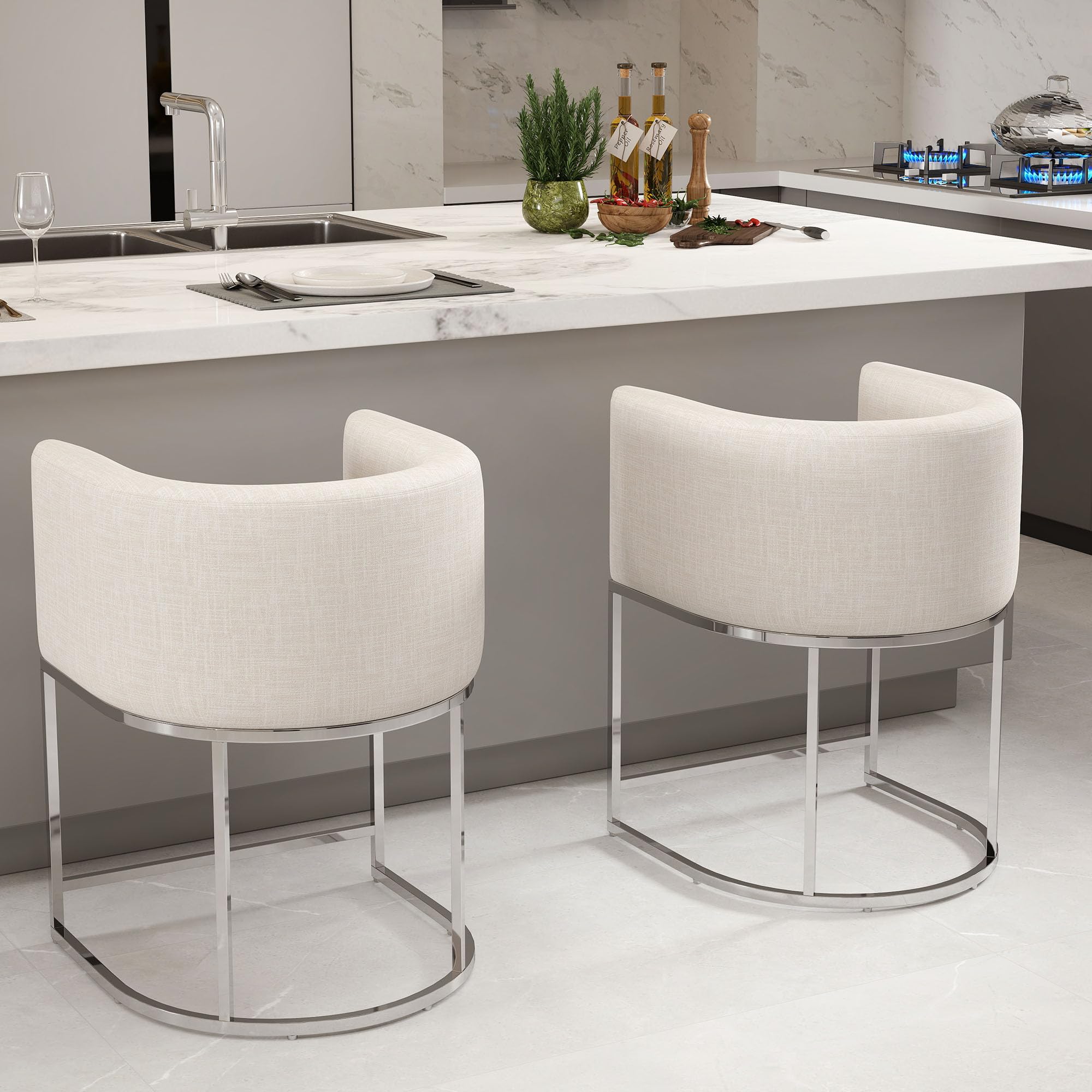 Modern Counter Height Linen Cream Fabric Upholstered Counter Stools Set of 2, 24 Inch Kitchen Island Stool with Chrome Finish Metal Frame - Perfect for Breakfast Bars, Kitchen Islands & Small Dining Spaces