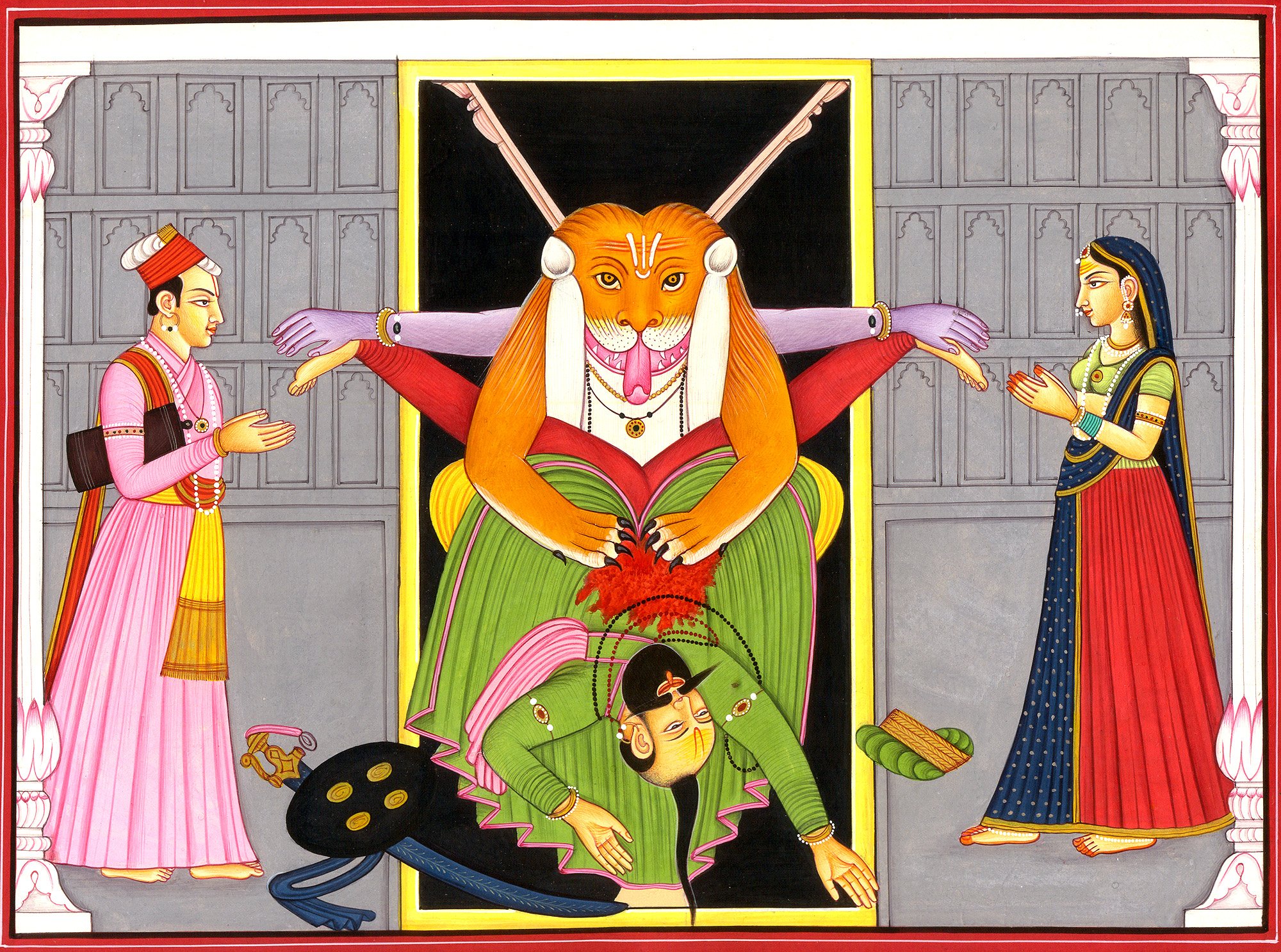 Narasimha Killing The Demon Hiranyakashipu - Handmade Watercolor Painting on Premium Paper by Artist Kailash Raj - Perfect for Home Decor, Spiritual Gifts & Indian Art Collections
