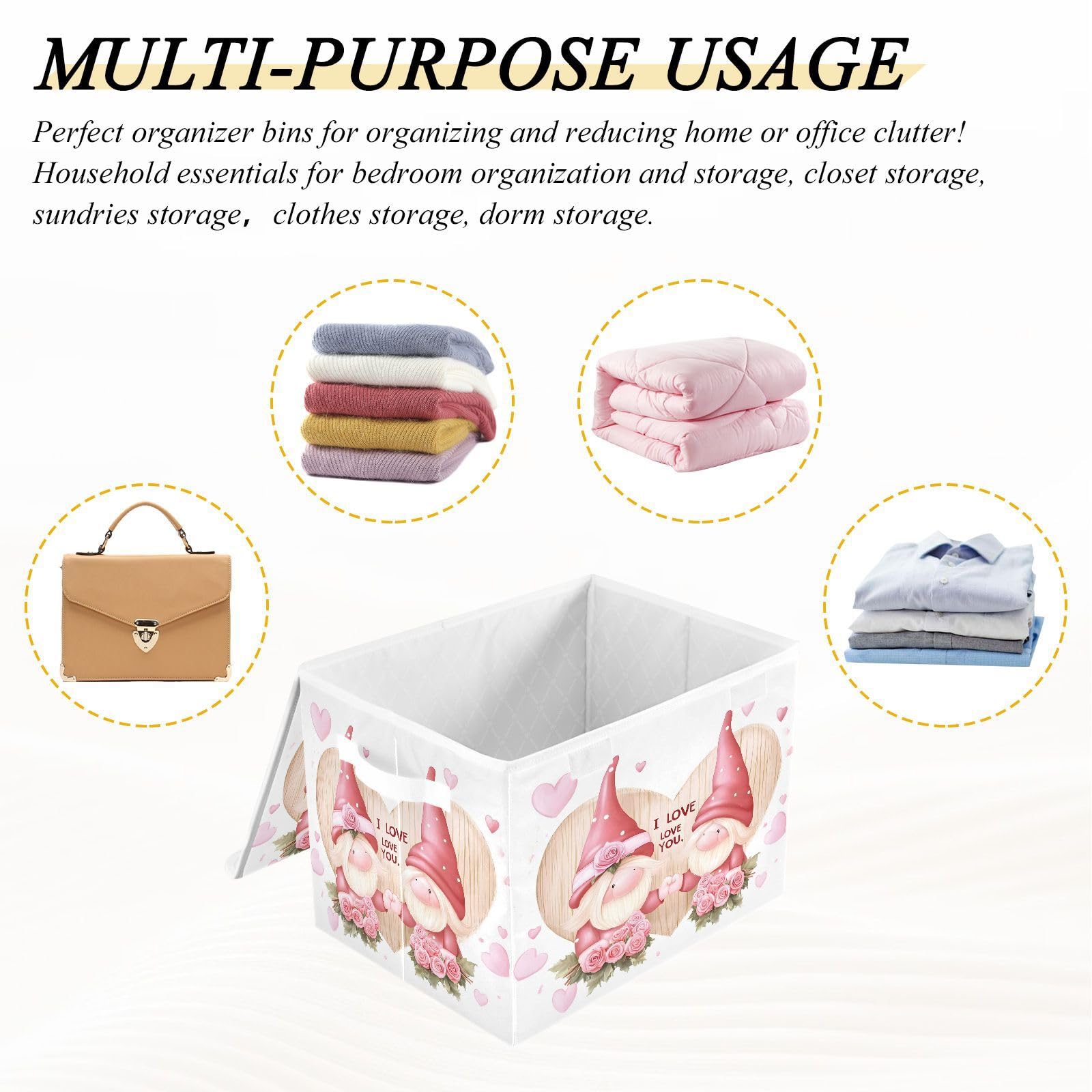 Rose Love Gnome Fabric Foldable Storage Bins with Lids - Collapsible Organizer Containers for Home, Bedroom, Closet & Office - Perfect for Seasonal Decor, Toy Storage & Clothes Organization