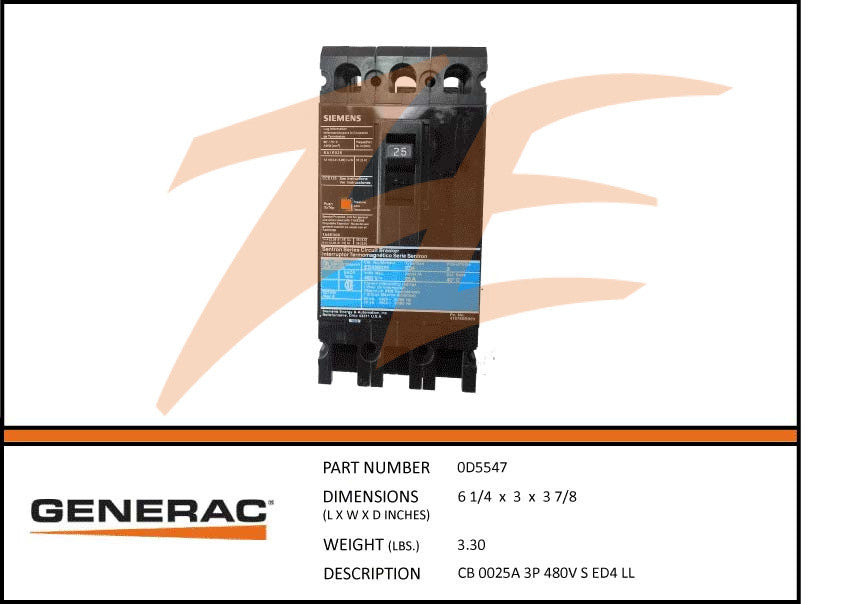 Generac 0D5547 25A 480V 3-Phase Circuit Breaker - Heavy Duty Electrical Protection for Industrial Equipment & Commercial Power Systems