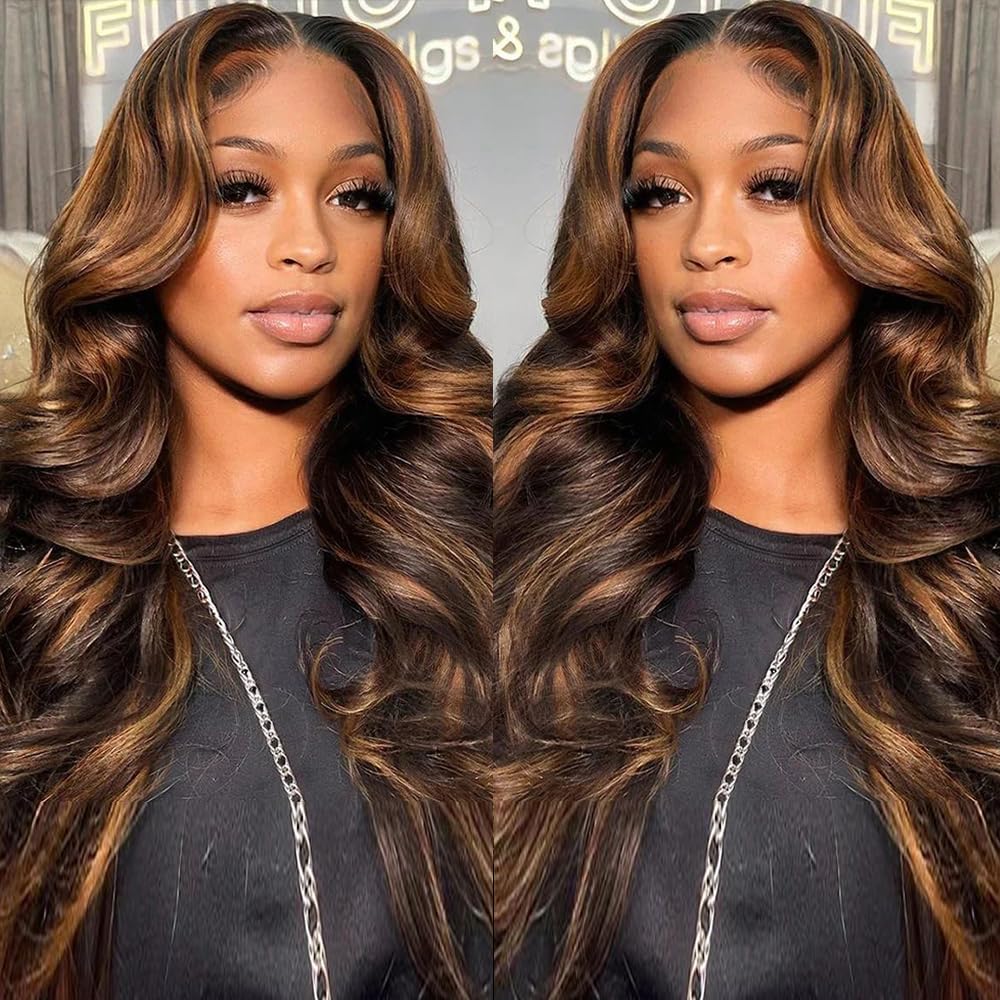 13x6 HD Lace Front Wig Human Hair 1B/30 250% Density Body Wave Blonde Ombre Highlight Glueless Wig for Women - 26 Inch Long, Natural Look for Daily Wear, Parties & Special Occasions