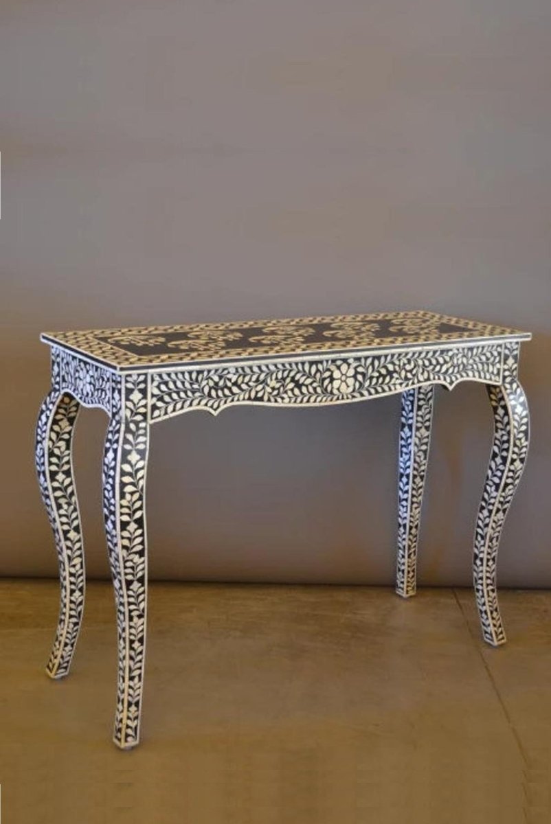 Handmade Bone Inlay French Leg Floral Design Console Table | Side Table in Black Color - Elegant Entryway Decor, Living Room Accent Furniture, Vintage Home Decor Piece
