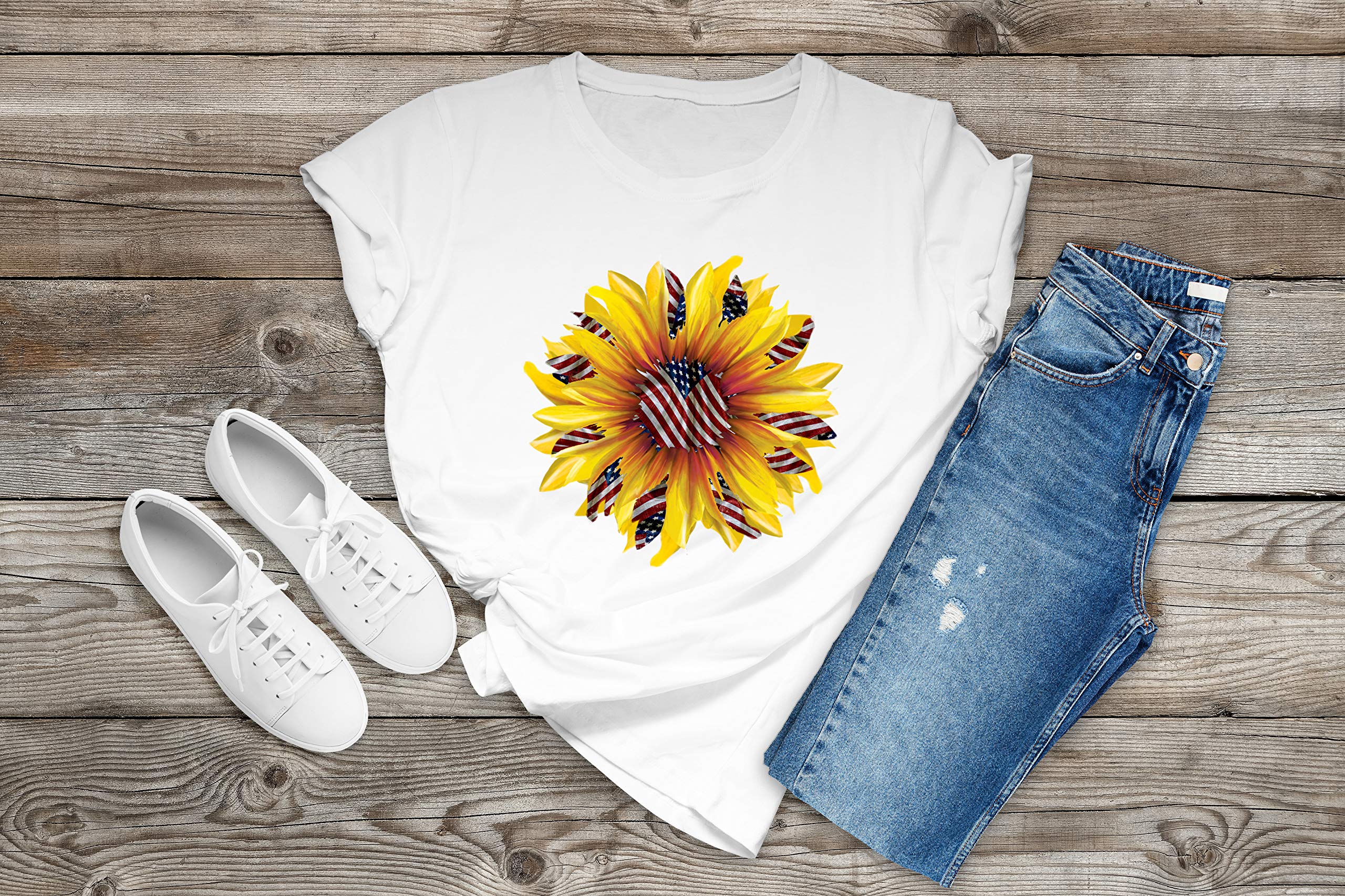 Sunflower Sublimation Transfer Ready to Press - Patriotic Design for DIY T-Shirts & Mugs - Perfect for July 4th, Memorial Day & Summer Events - Easy to Use Heat Press Transfers for Custom Apparel & Drinkware