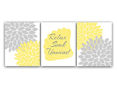 Yellow & Gray Ocean Theme Bathroom Art Prints - Relaxing Coastal Decor for Spa-Like Bathroom - Perfect for Home, Office & Gift Giving