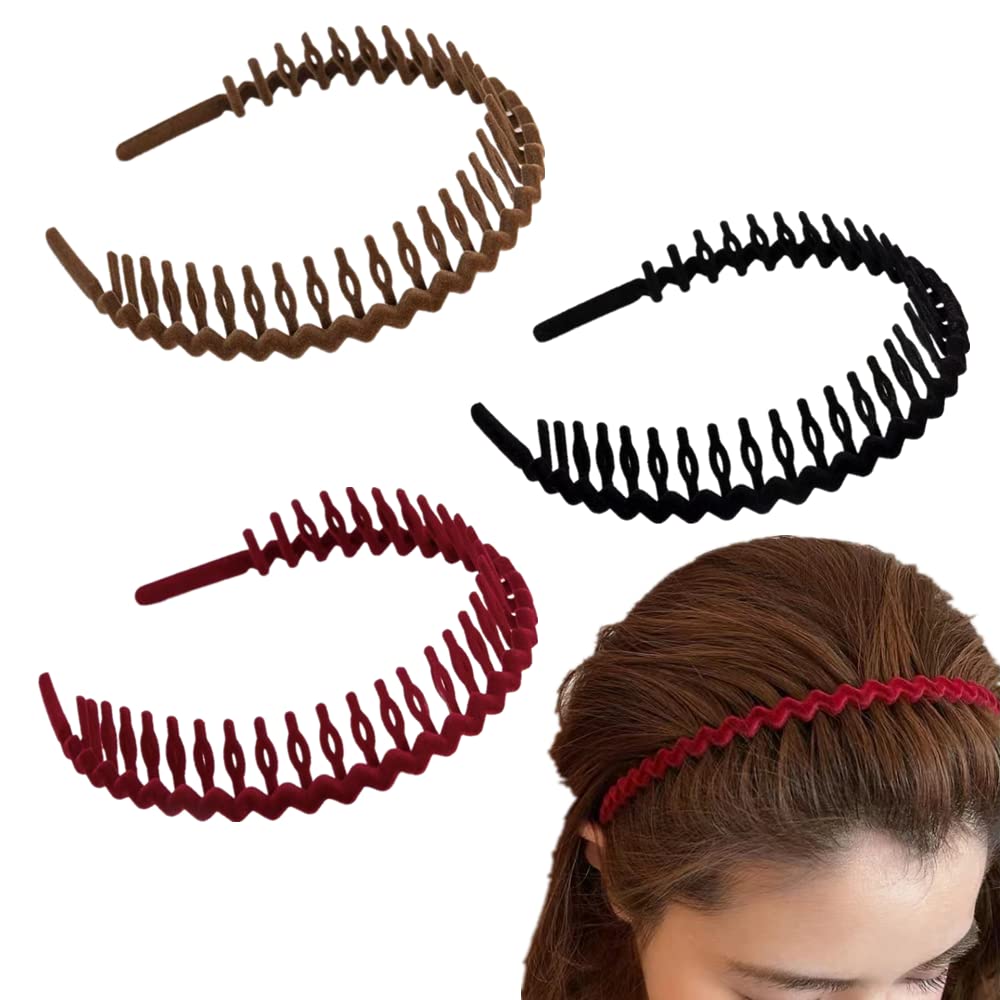 Zhouocea 3 Pack Vintage Flocking Hair Hoops & Wave Headband Combs - Non-Slip Beaded Hair Accessories for Women & Girls (Red, Black, Brown) - Perfect for Parties, Weddings & Everyday Styling