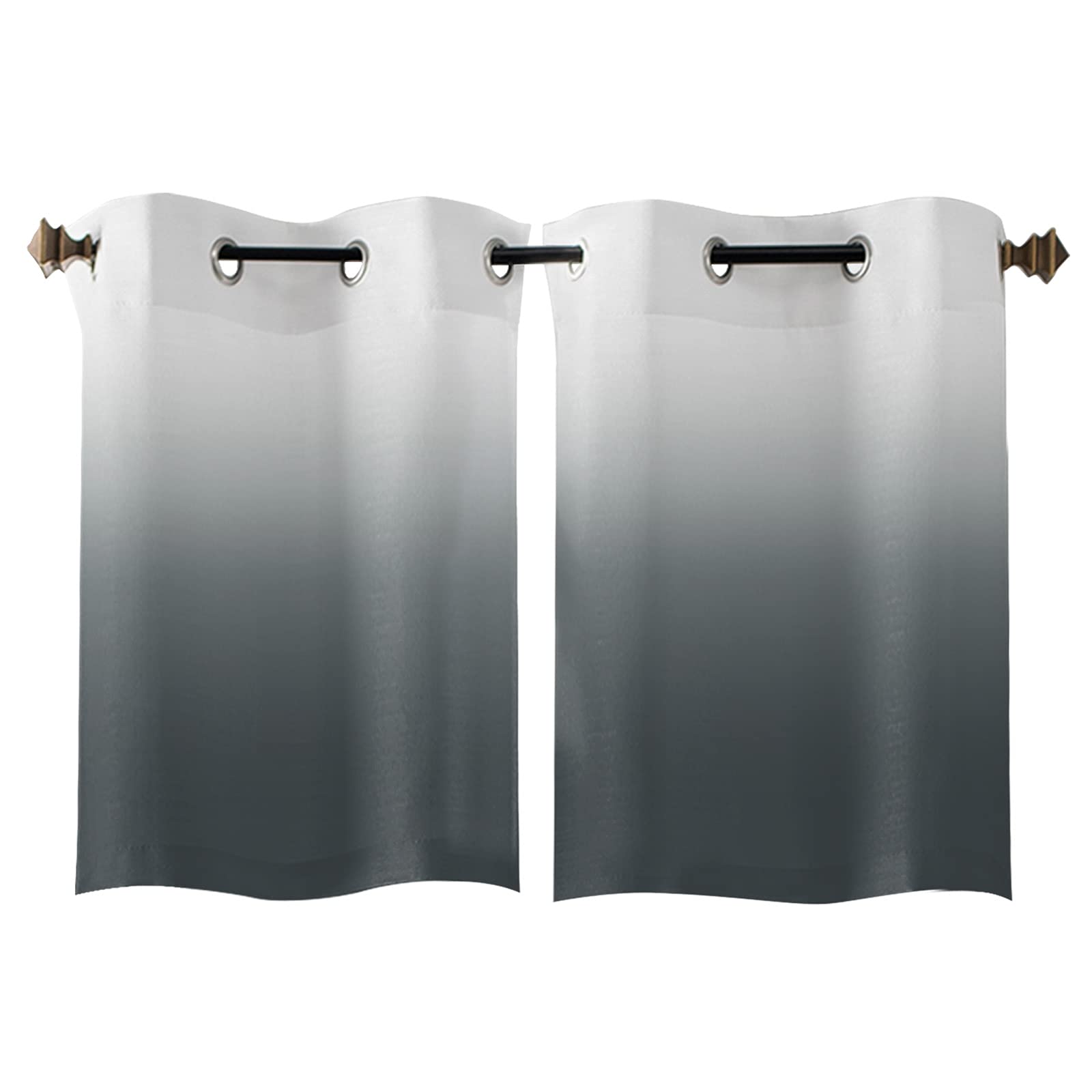 Ombre Gradient Sheer Curtains - White to Grey Window Treatment (2 Panels) - 39 Inch Length Grommet Top Drapes for Kitchen, Living Room, Bedroom & Patio - Light Filtering Sliding Glass Door Curtains for Privacy & Sun Protection