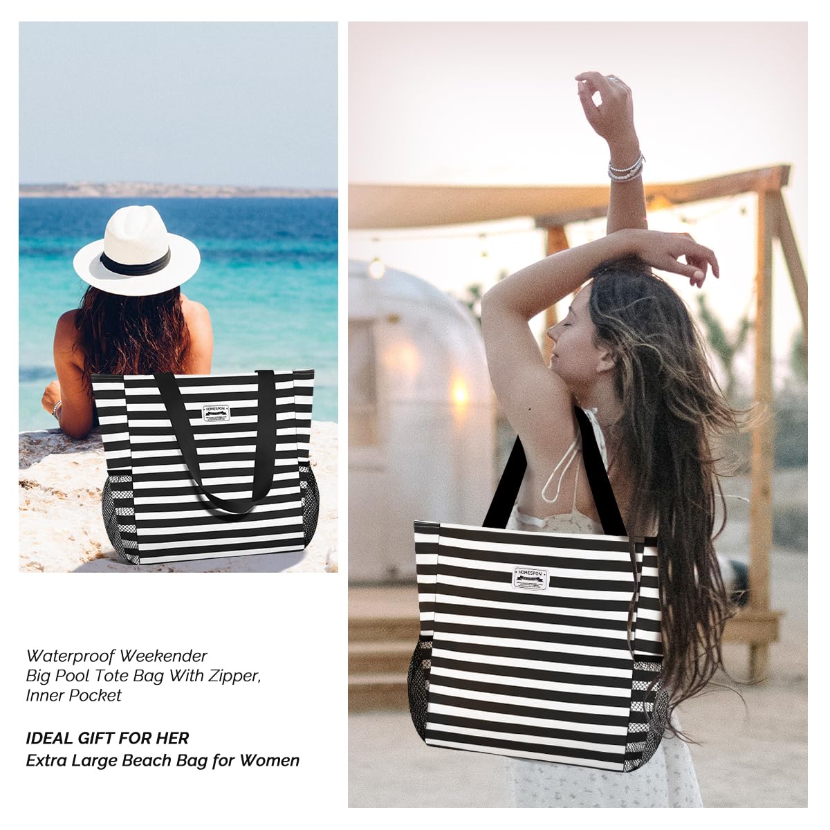 Waterproof Beach Tote Bag for Women - Large Sandproof Zippered Pool Bag with Pockets - Perfect for Travel, Gym, Vacation & Summer Outings