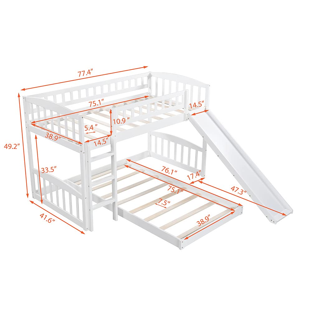 Twin Over Twin Bunk Bed with Slide & Ladder - Sturdy Wooden Bunk Bed Frame with Safety Guard Rails for Kids - Perfect for Bedroom, Apartment, Dorm Room (White) - Space-Saving Solution for Siblings Sharing a Room