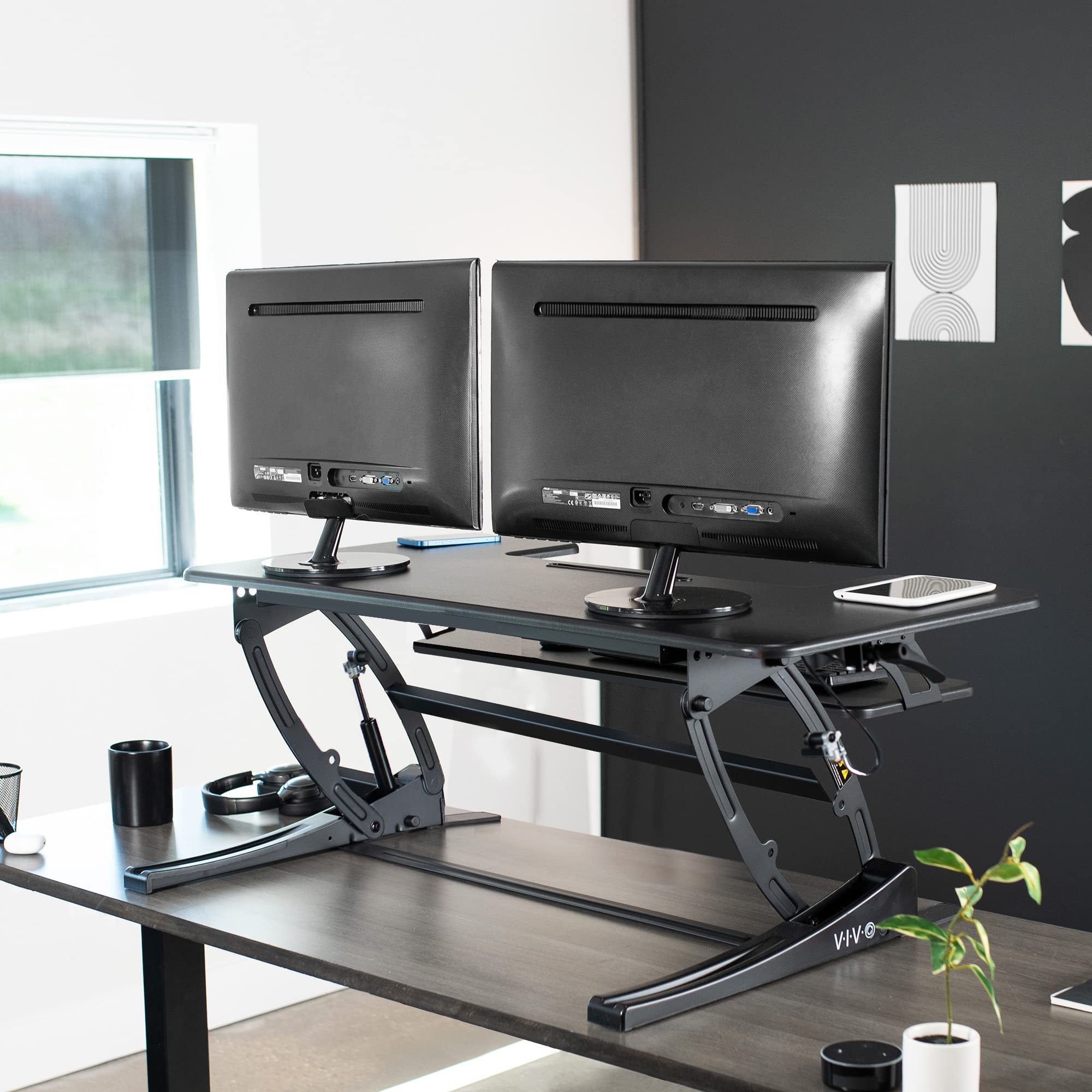 VIVO V Series 42 Inch Height Adjustable Standing Desk Converter - Quick Sit to Stand Dual Monitor Riser Workstation, Black (DESK-V000VL) - Perfect for Home Office, Gaming Setup & Ergonomic Workspace