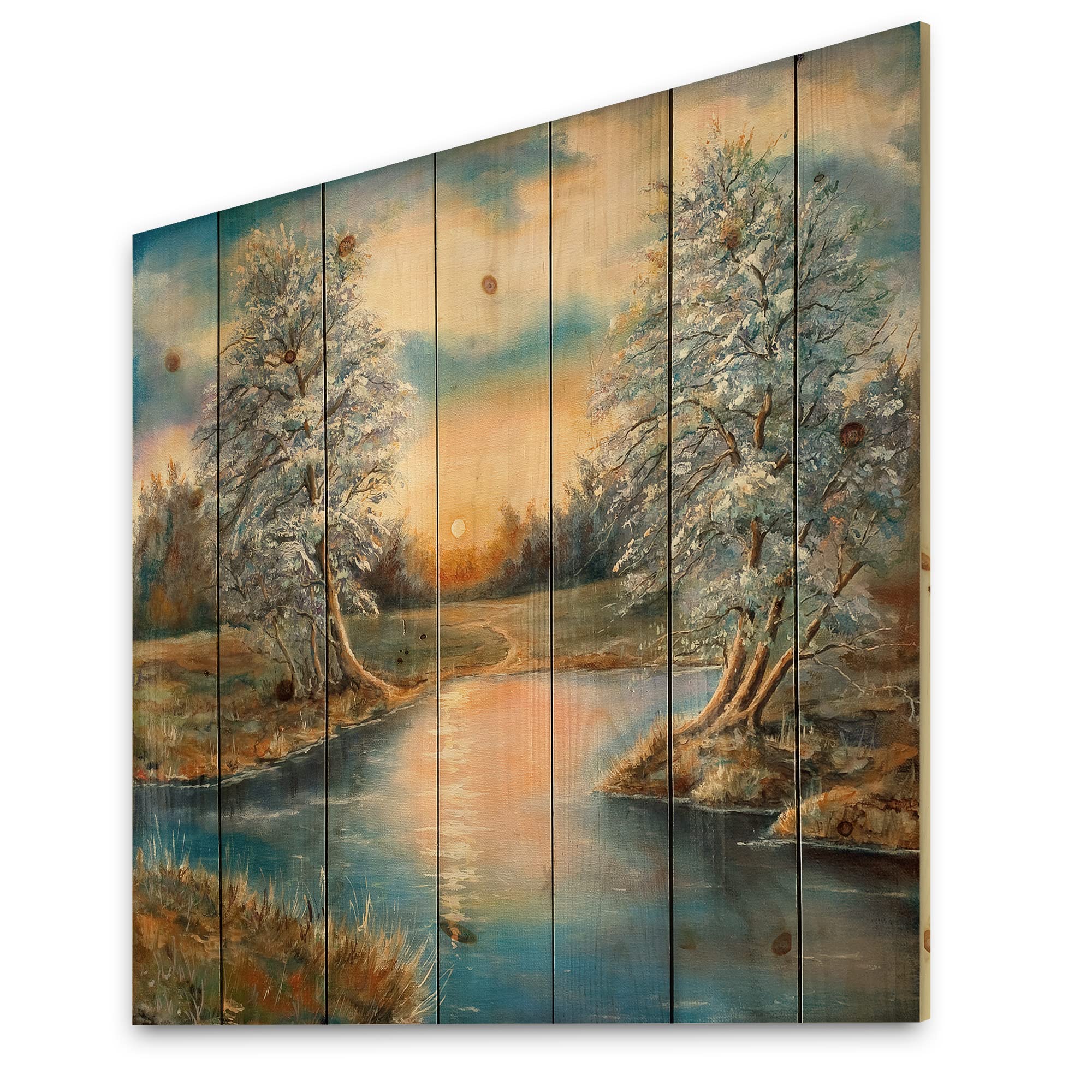 DesignQ Autumn Birch Forest Lake House Wood Wall Decor - Blue Landscape Wood Art Panel, Large Pine Wood Wall Art for Living Room, Bedroom & Office Decor