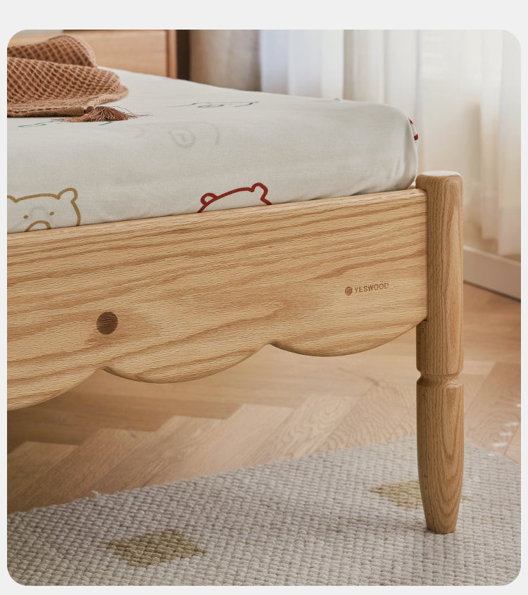 Premium Oak Solid Wood Kids Upholstered Bed with Soft Headboard - Milky White | Safe & Comfortable Toddler Bedroom Furniture for Boys & Girls | Perfect for Bedrooms, Daycare & Guest Rooms